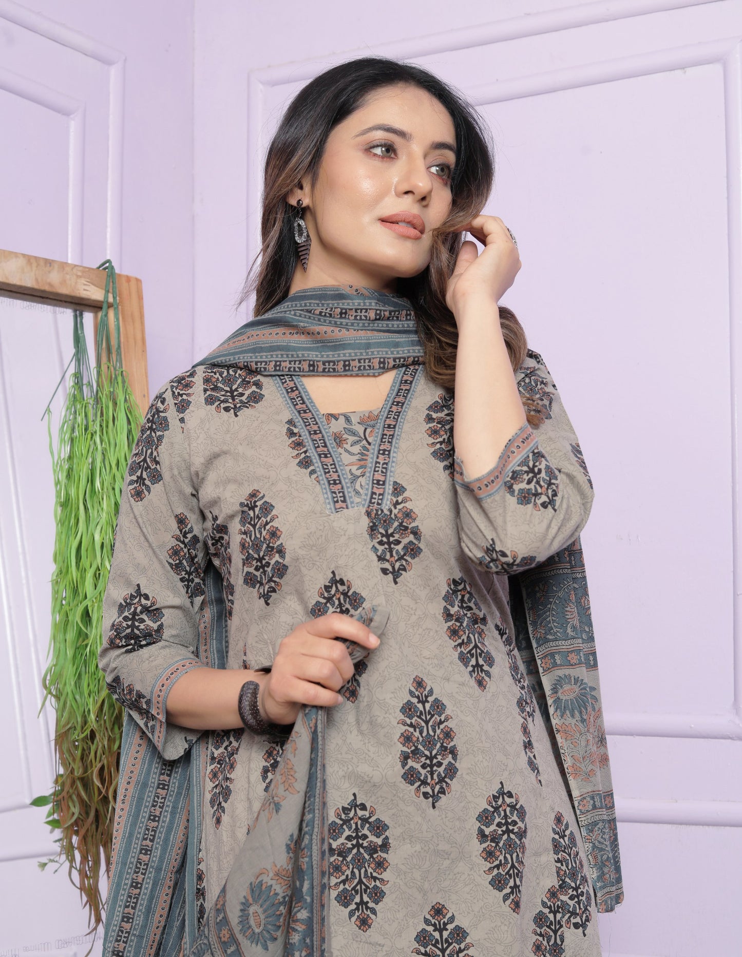 Summer Printed Grey Cotton Kurti Pant With Dupatta