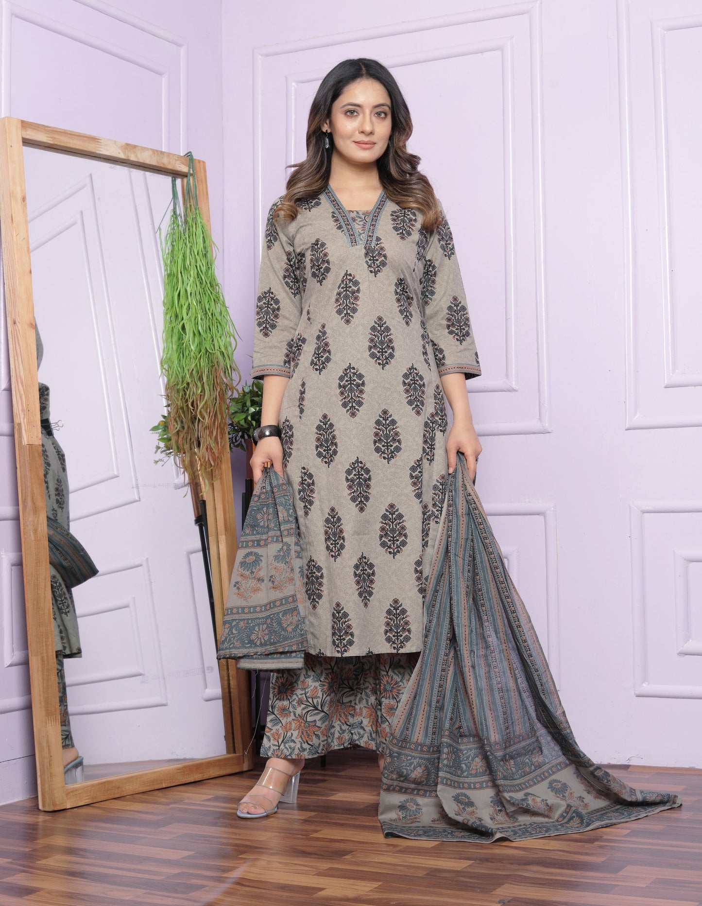 Summer Printed Grey Cotton Kurti Pant With Dupatta