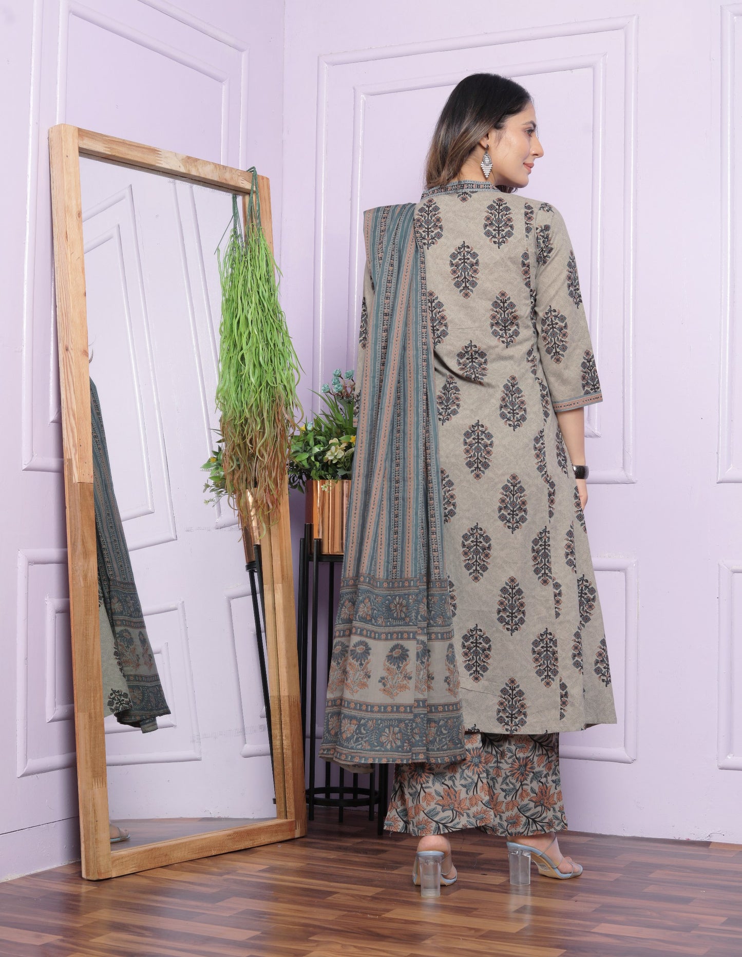 Summer Printed Grey Cotton Kurti Pant With Dupatta