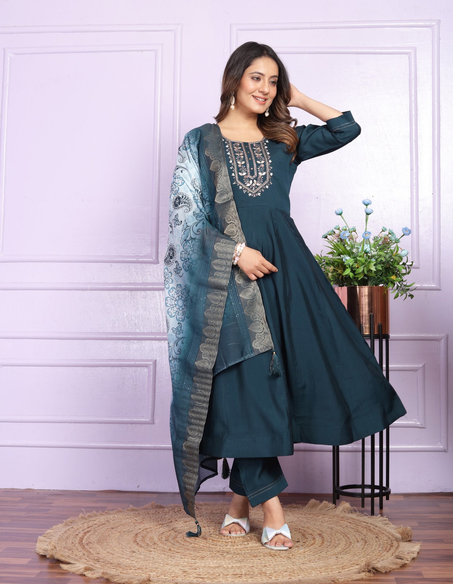 Wonderful Navy Blue Work Russian Silk Anarkali Suit