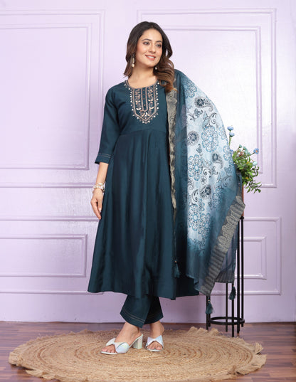 Wonderful Navy Blue Work Russian Silk Anarkali Suit