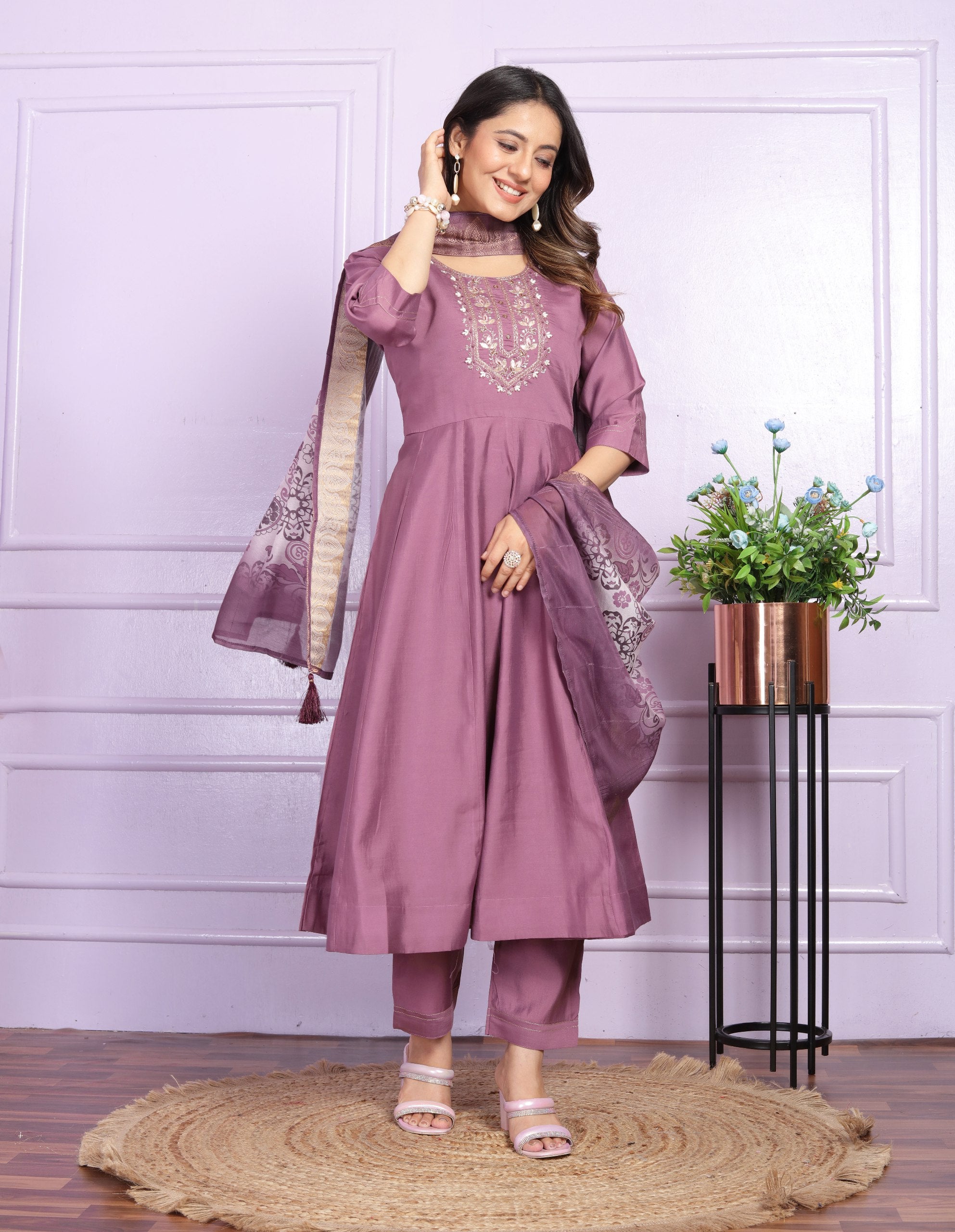 Wonderful Dusty Pink Work Russian Silk Anarkali Suit