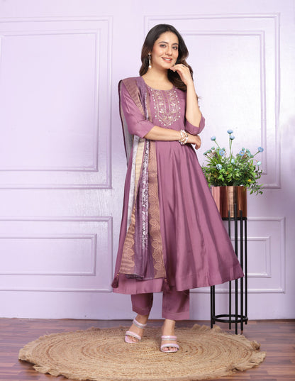 Wonderful Dusty Pink Work Russian Silk Anarkali Suit