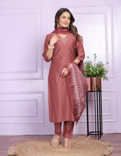 Stylish V Neck Peach Color Straight Kurti Set With Dupatta