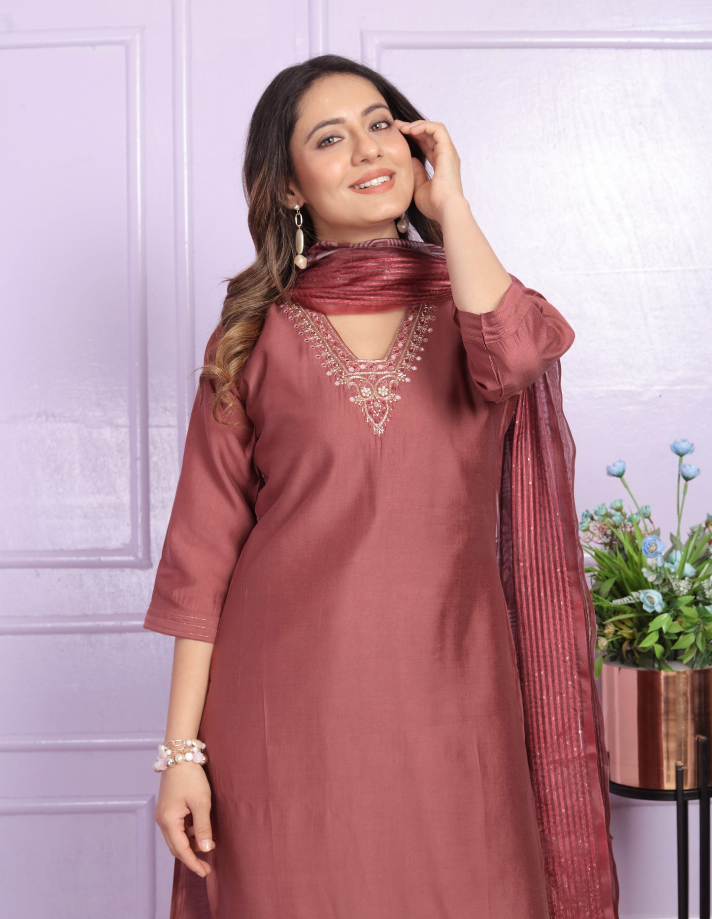 Stylish V Neck Peach Color Straight Kurti Set With Dupatta