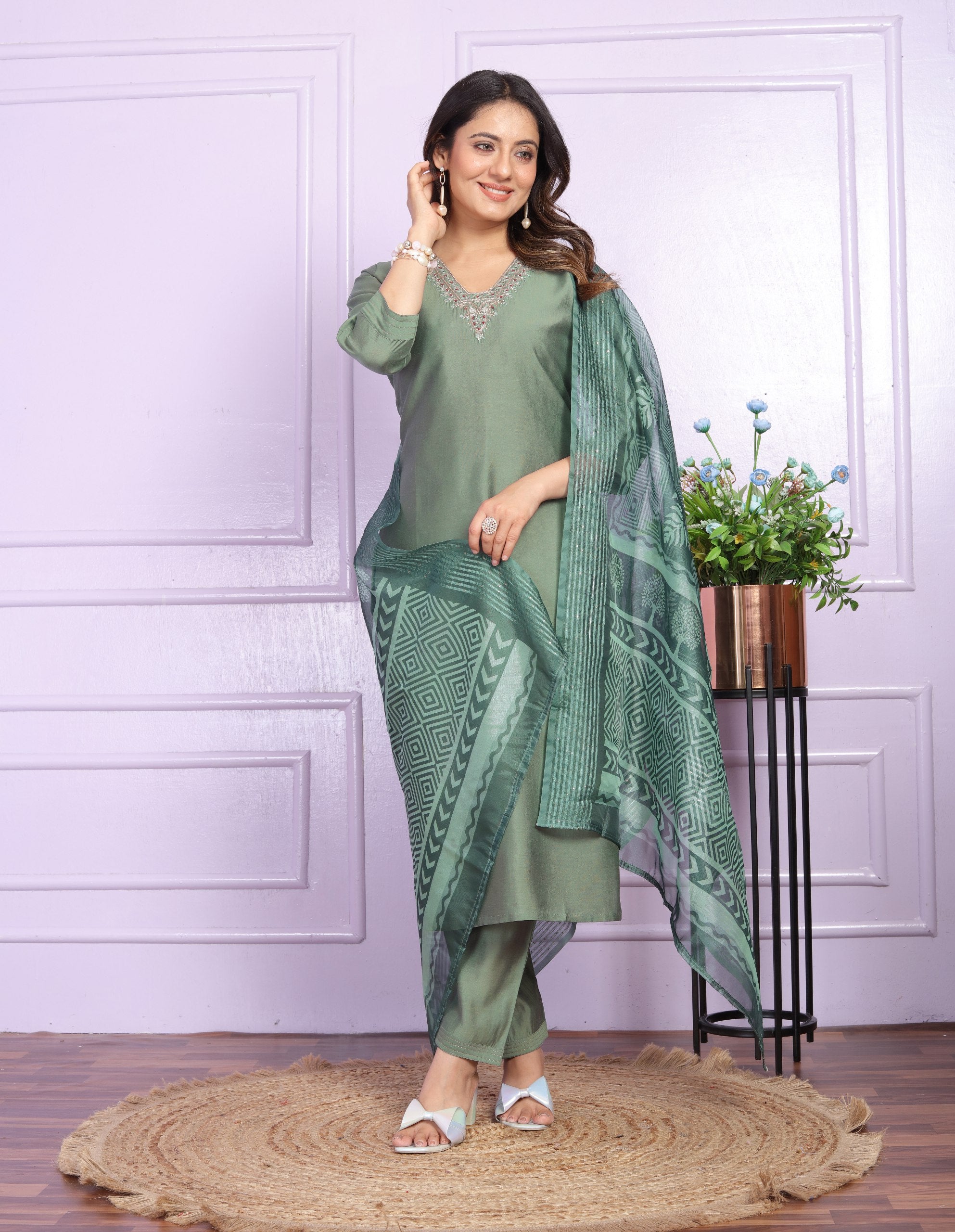 Stylish V Neck Green Color Straight Kurti Set With Dupatta