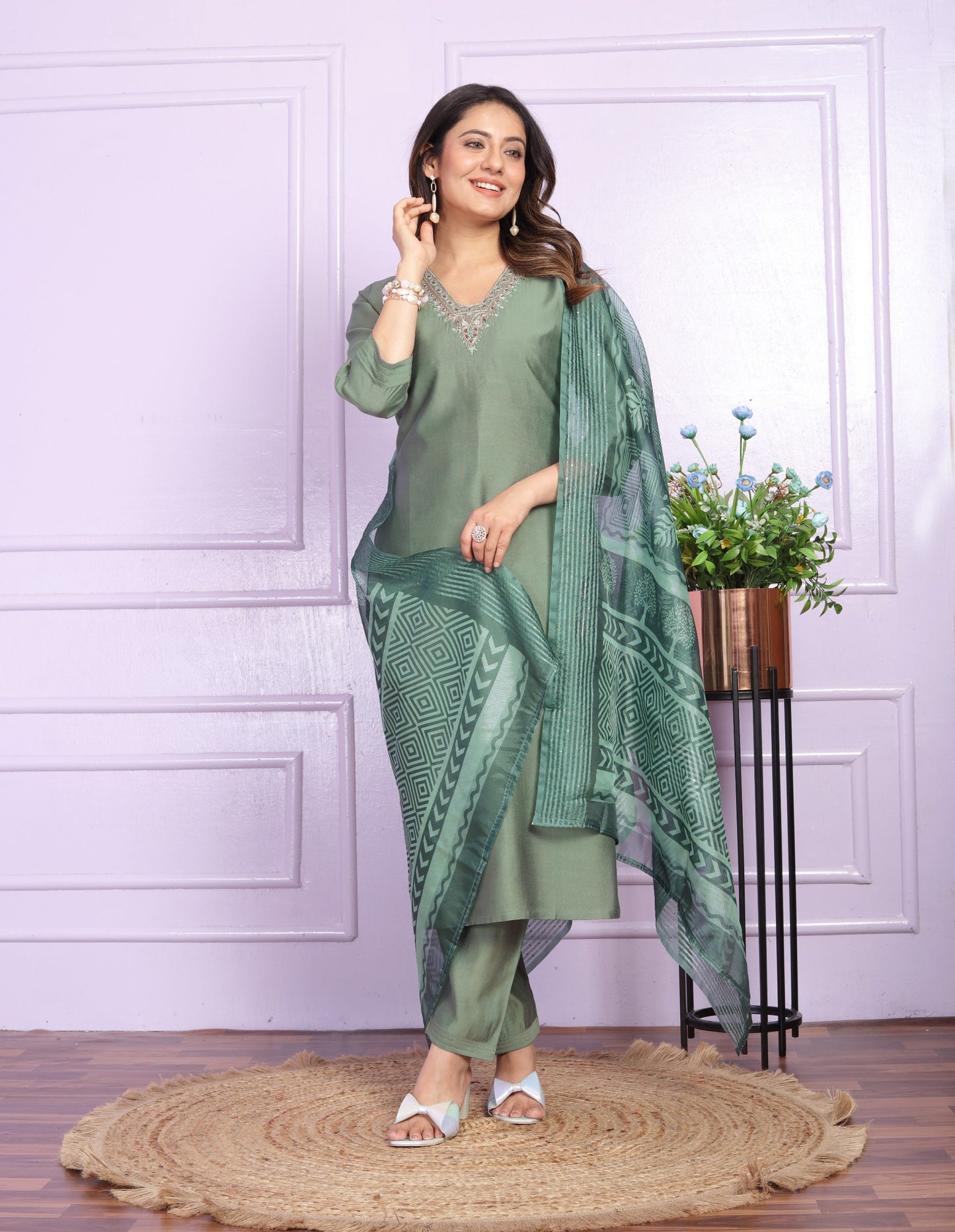 Stylish V Neck Green Color Straight Kurti Set With Dupatta