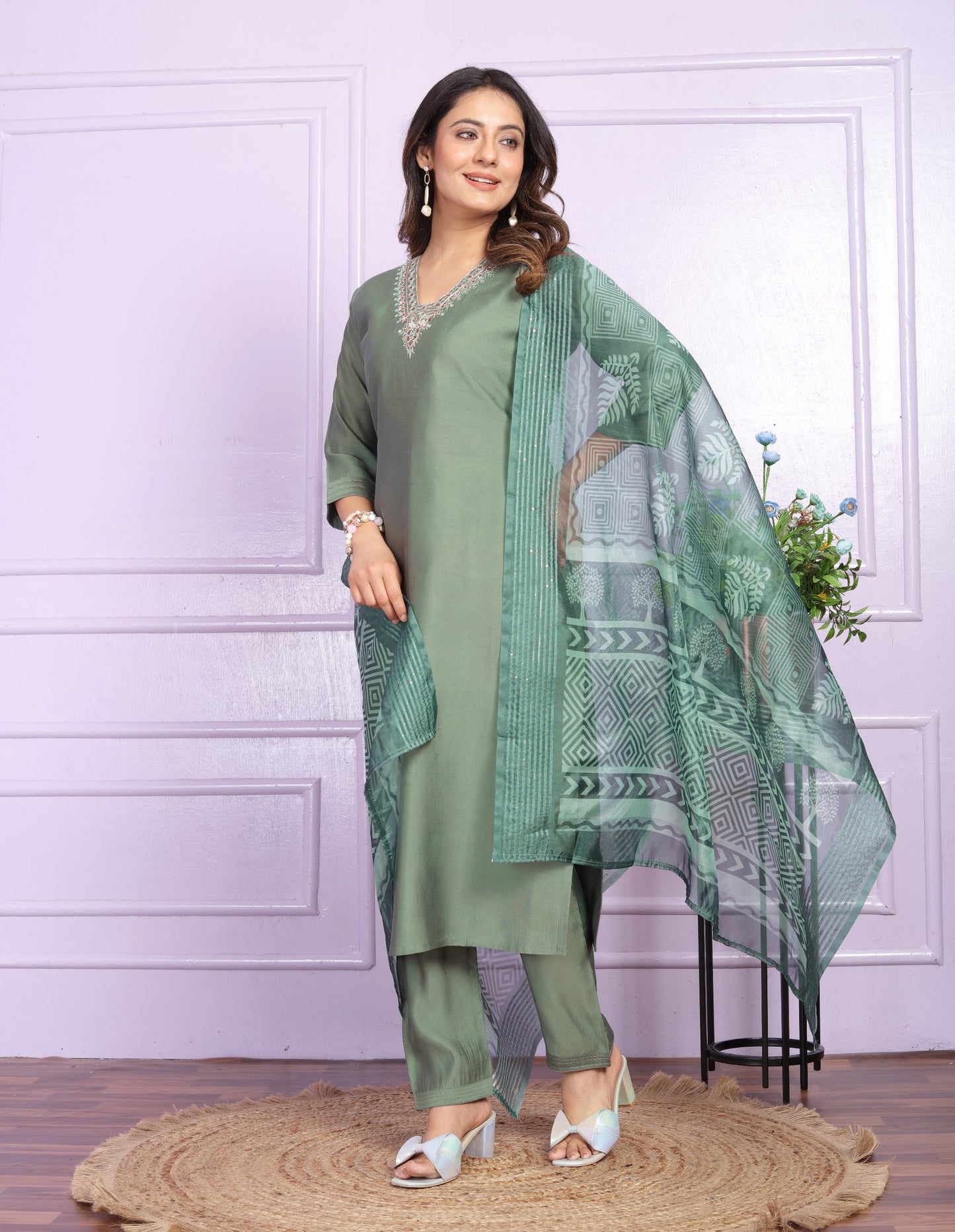 Stylish V Neck Green Color Straight Kurti Set With Dupatta