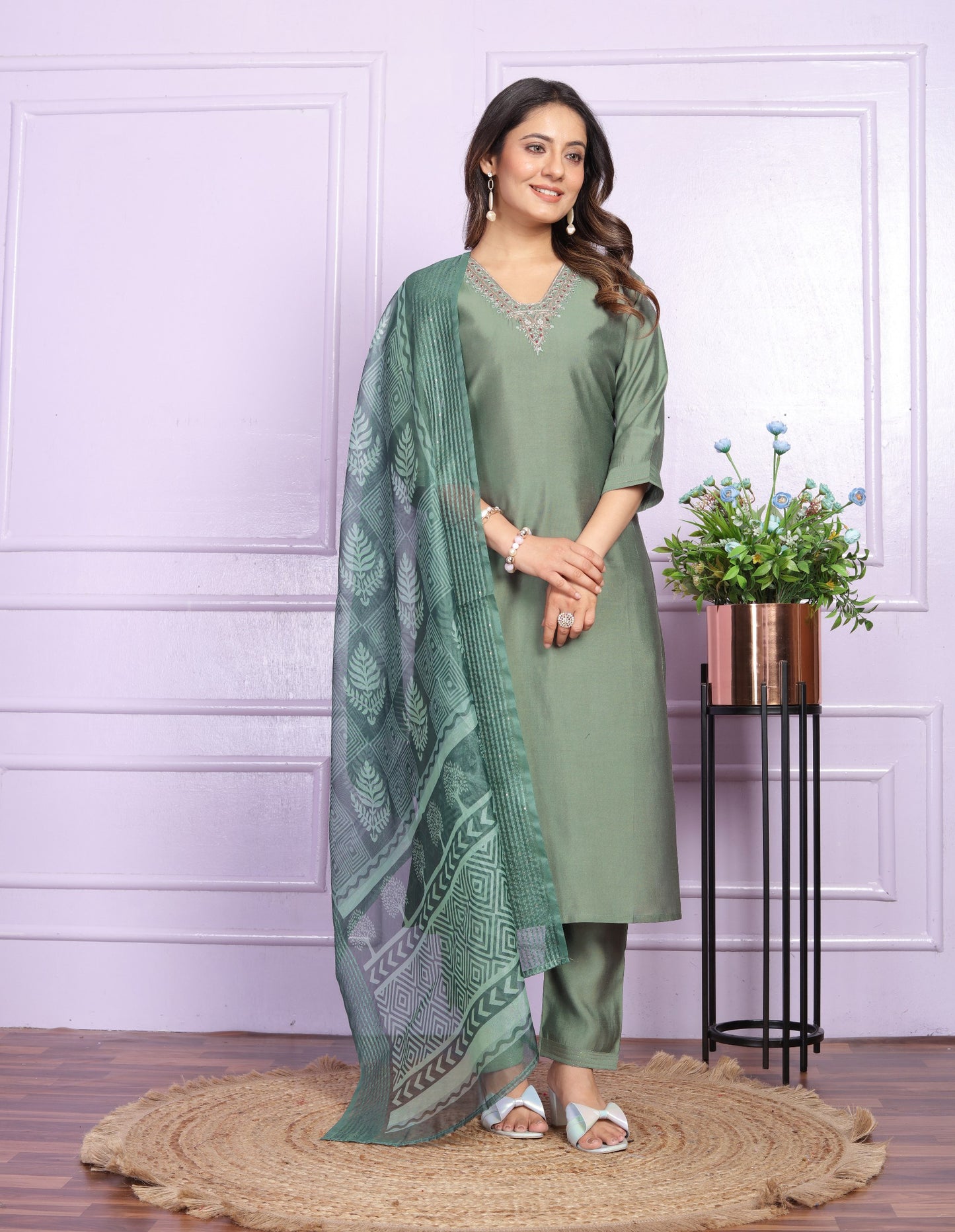 Stylish V Neck Green Color Straight Kurti Set With Dupatta