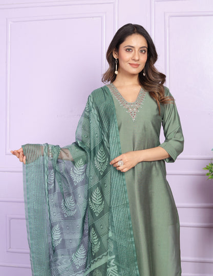 Stylish V Neck Green Color Straight Kurti Set With Dupatta