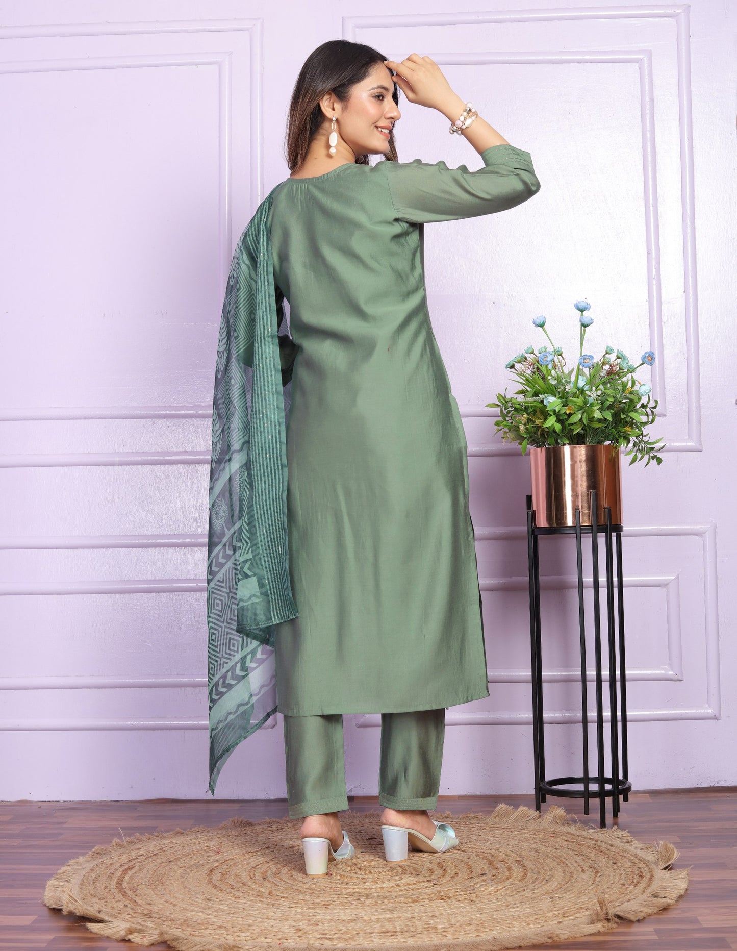 Stylish V Neck Green Color Straight Kurti Set With Dupatta