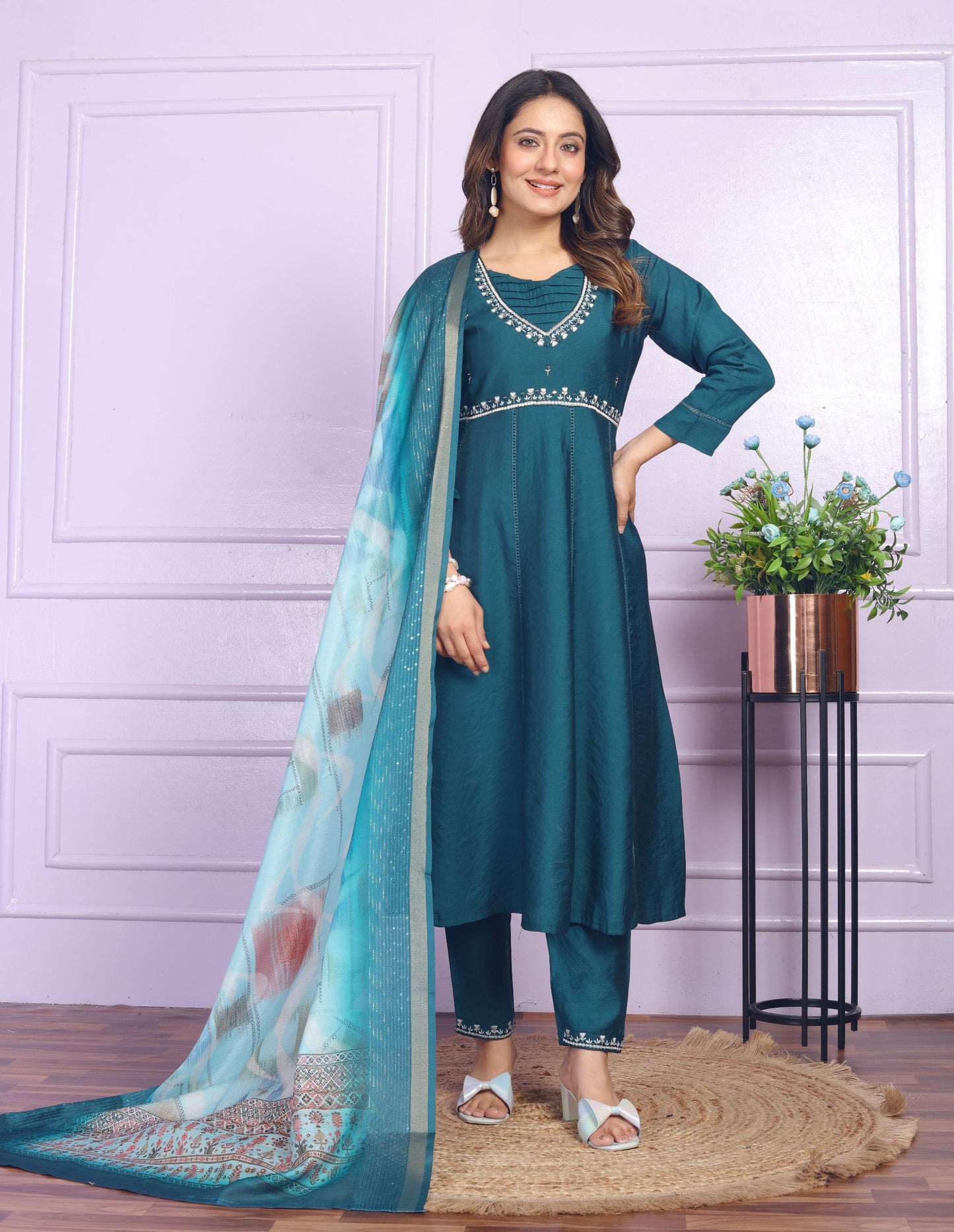 Luxuriant Teal Blue Color Fancy Work Anarkali Suit