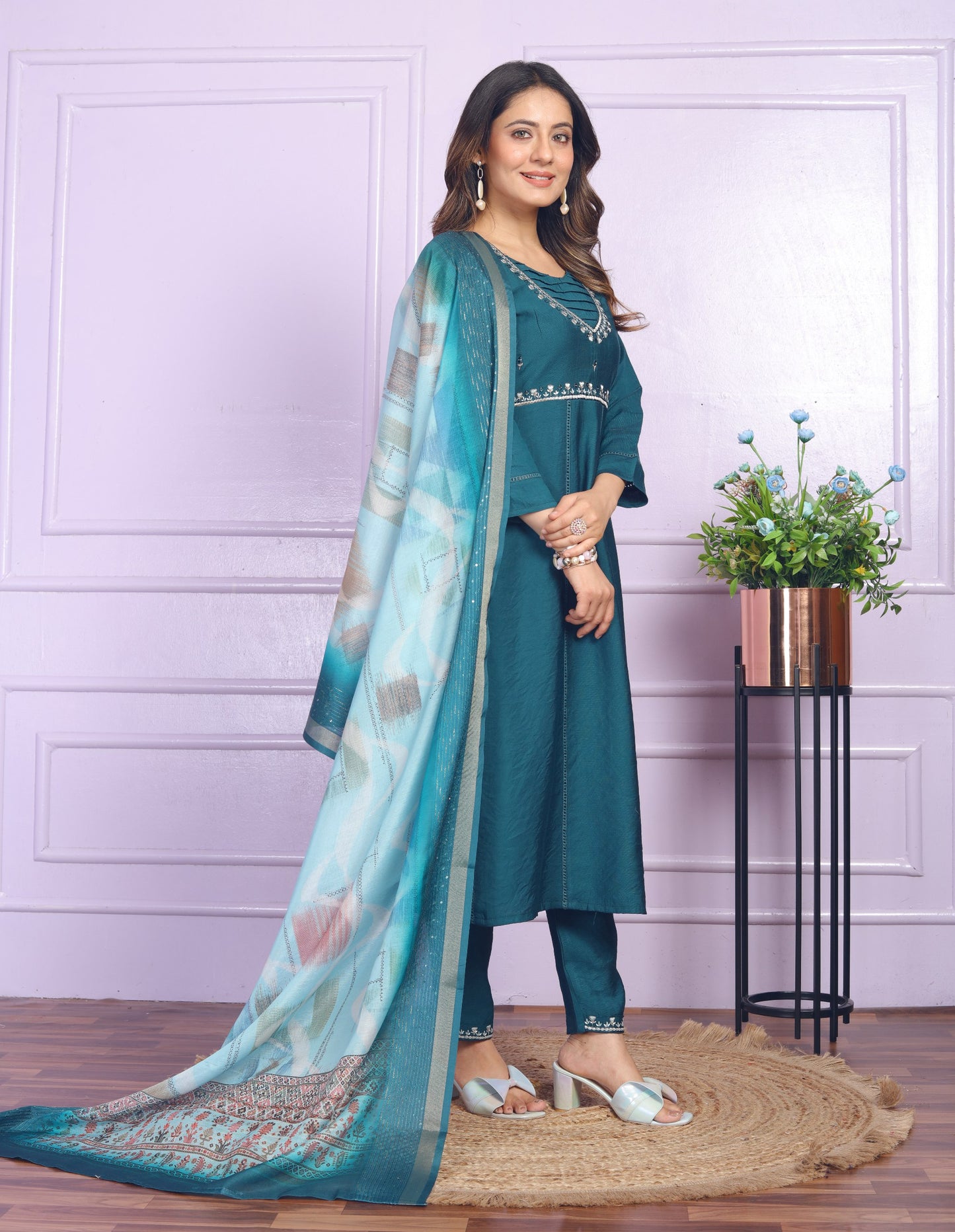 Luxuriant Teal Blue Color Fancy Work Anarkali Suit