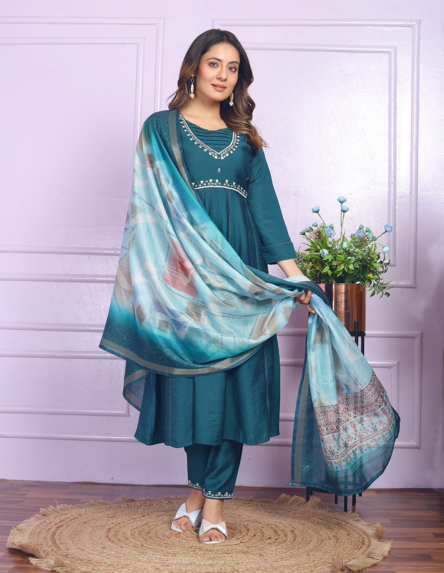 Luxuriant Teal Blue Color Fancy Work Anarkali Suit