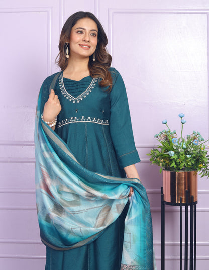 Luxuriant Teal Blue Color Fancy Work Anarkali Suit