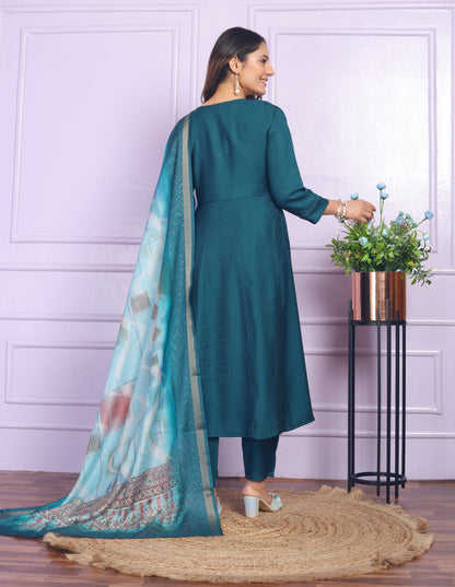 Luxuriant Teal Blue Color Fancy Work Anarkali Suit