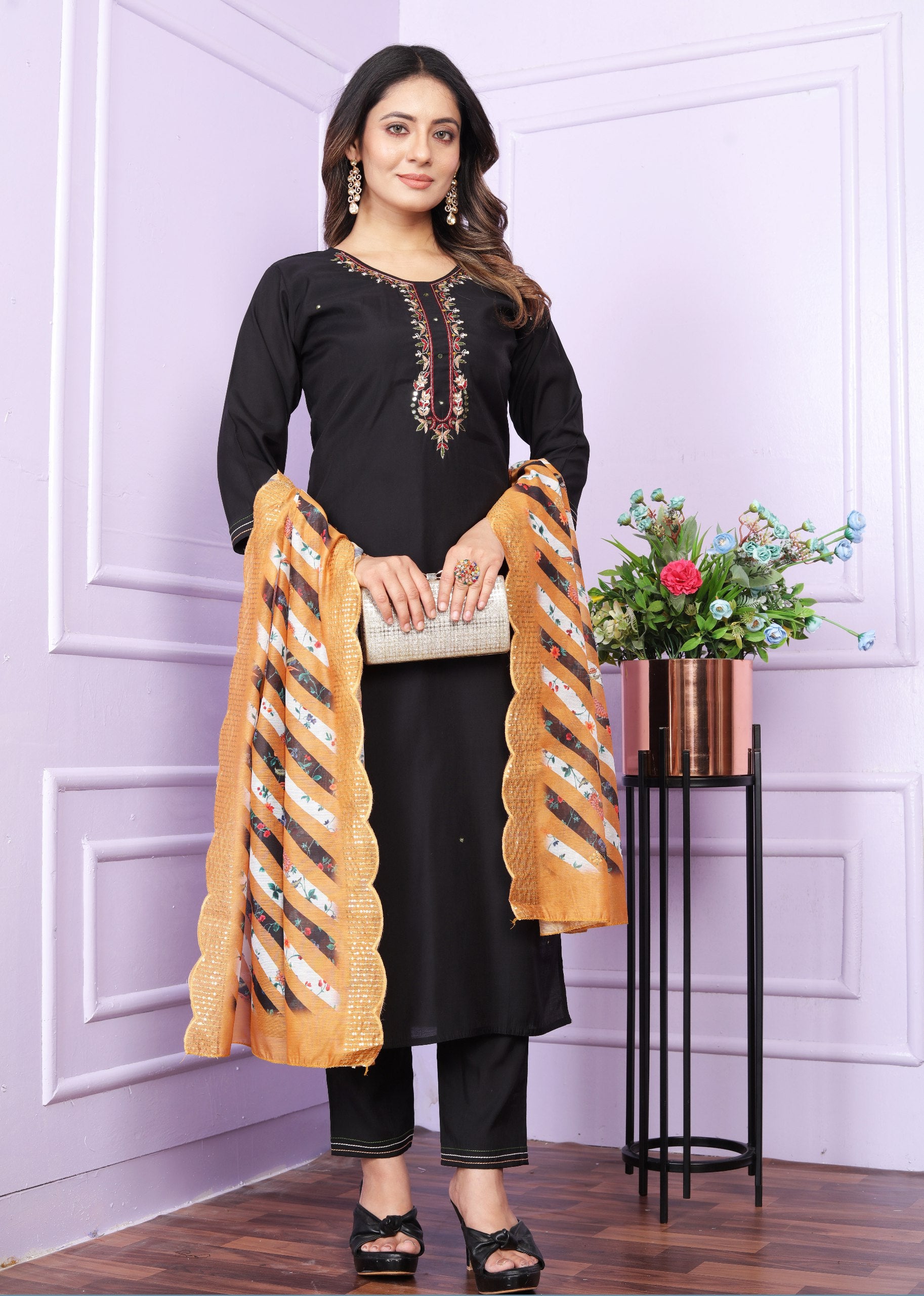 Superhit Black Color Kurti Pair With Mustard Dupatta