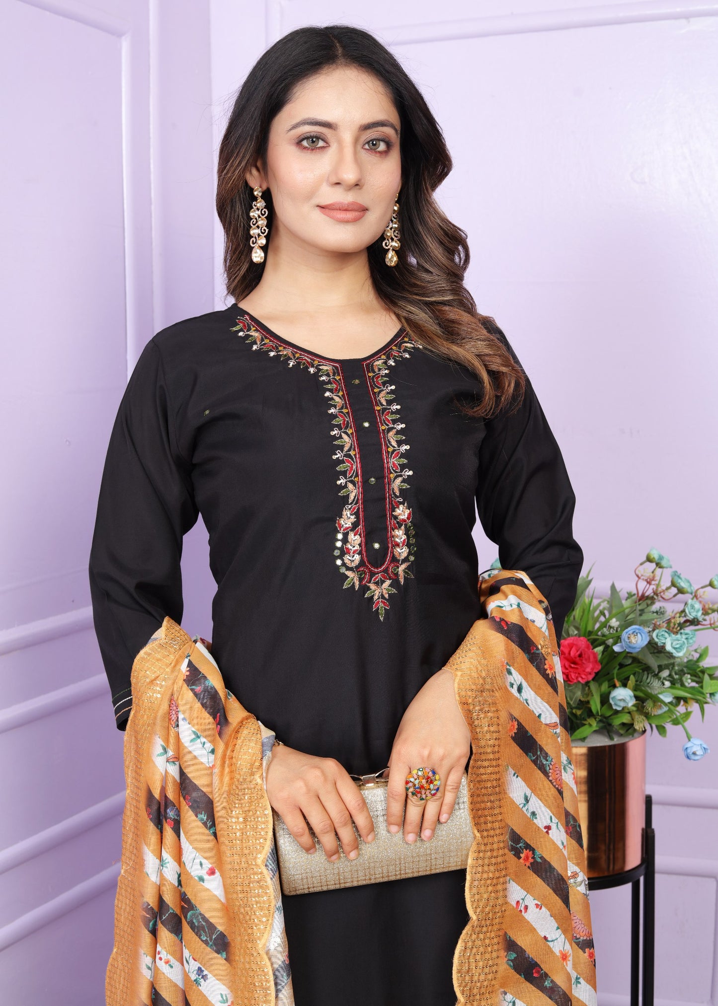 Superhit Black Color Kurti Pair With Mustard Dupatta