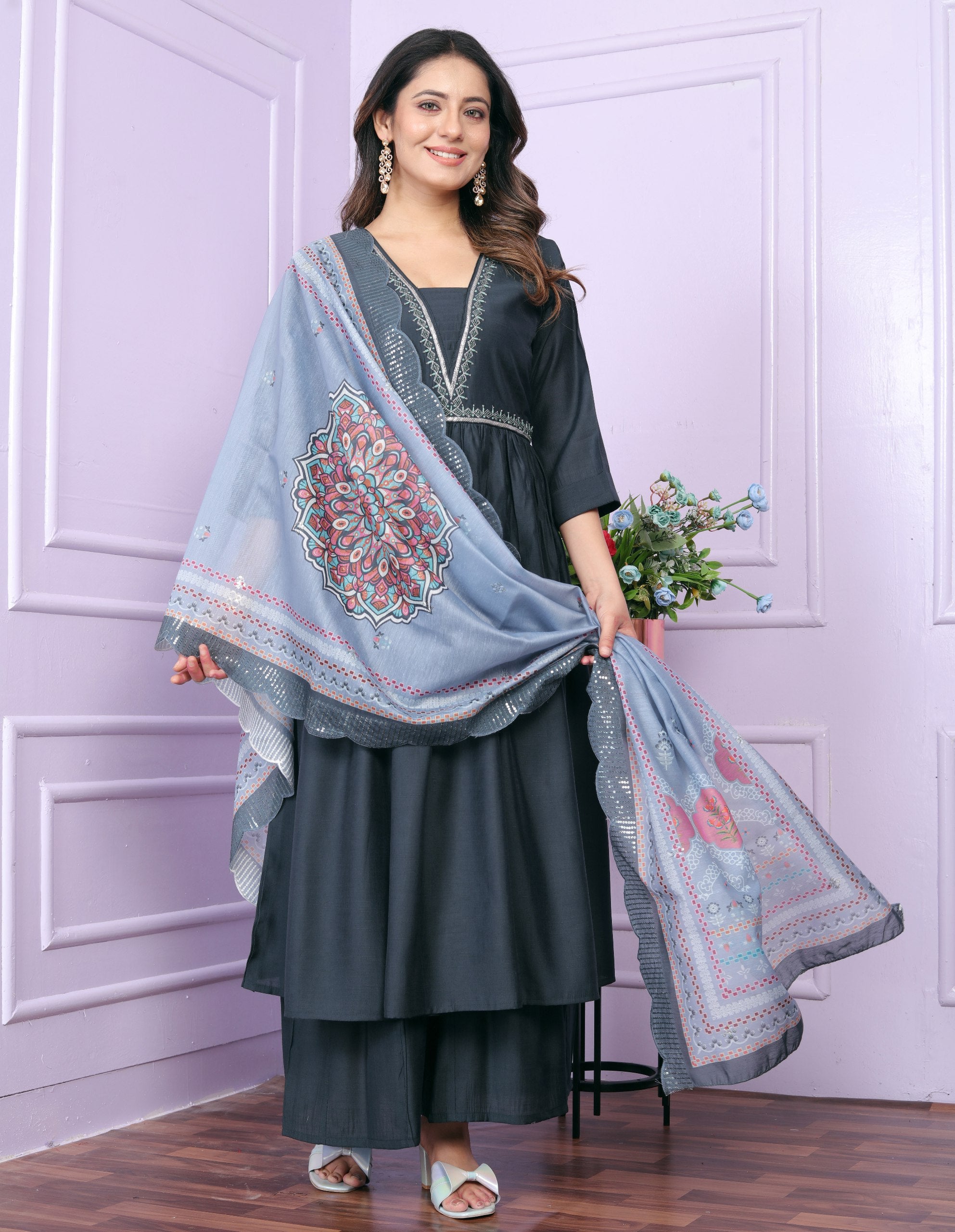 Outstanding Hand Work Dark Grey Color Palazzo Suit