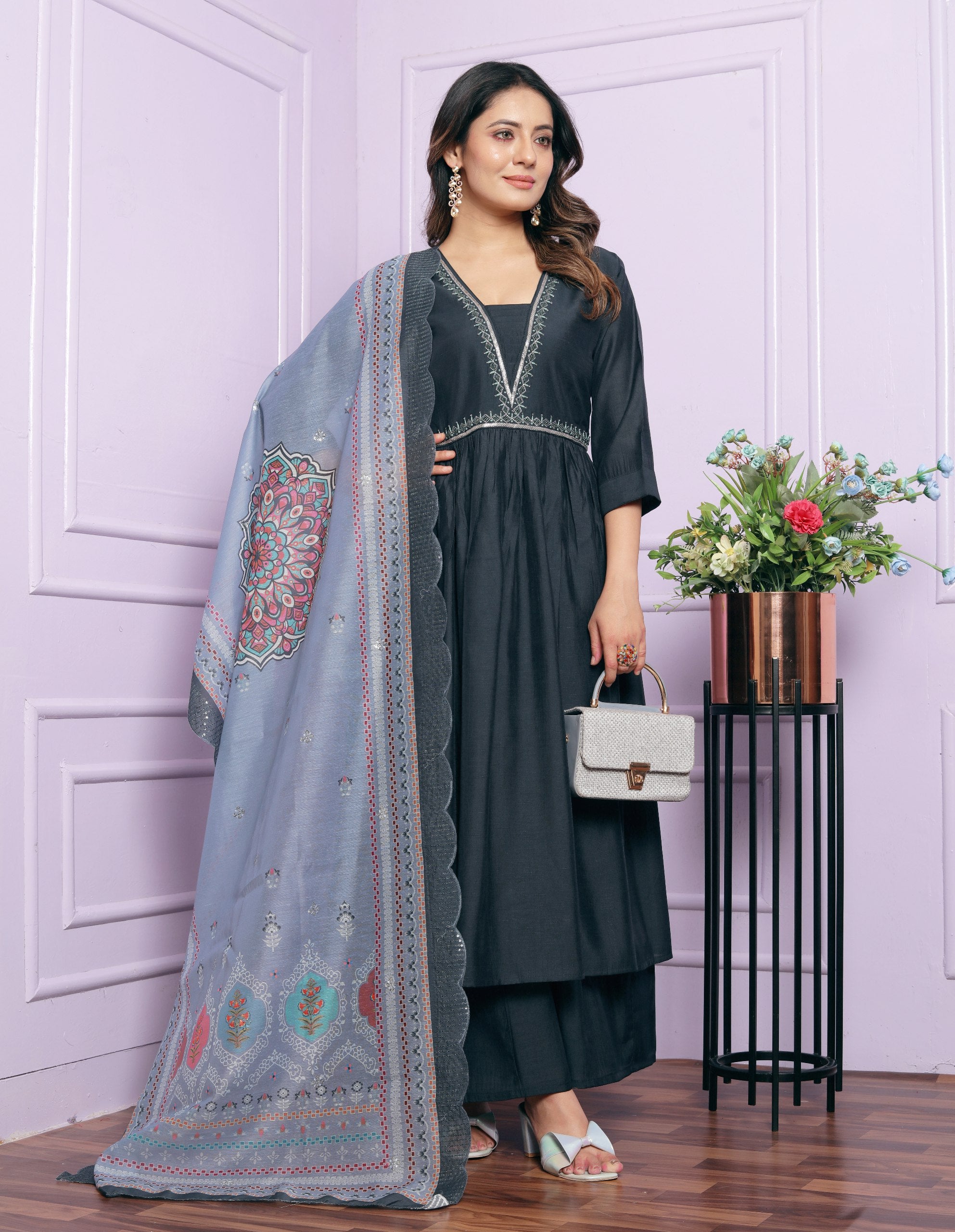 Outstanding Hand Work Dark Grey Color Palazzo Suit