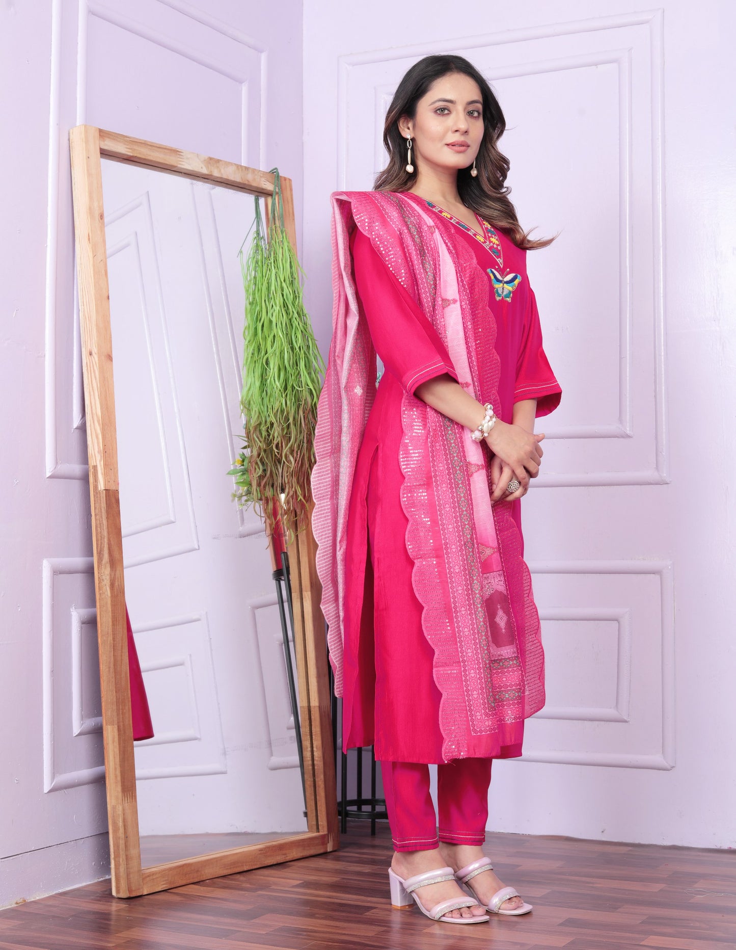 Glorious Pink Color V Neck Butterfly Kurta Set