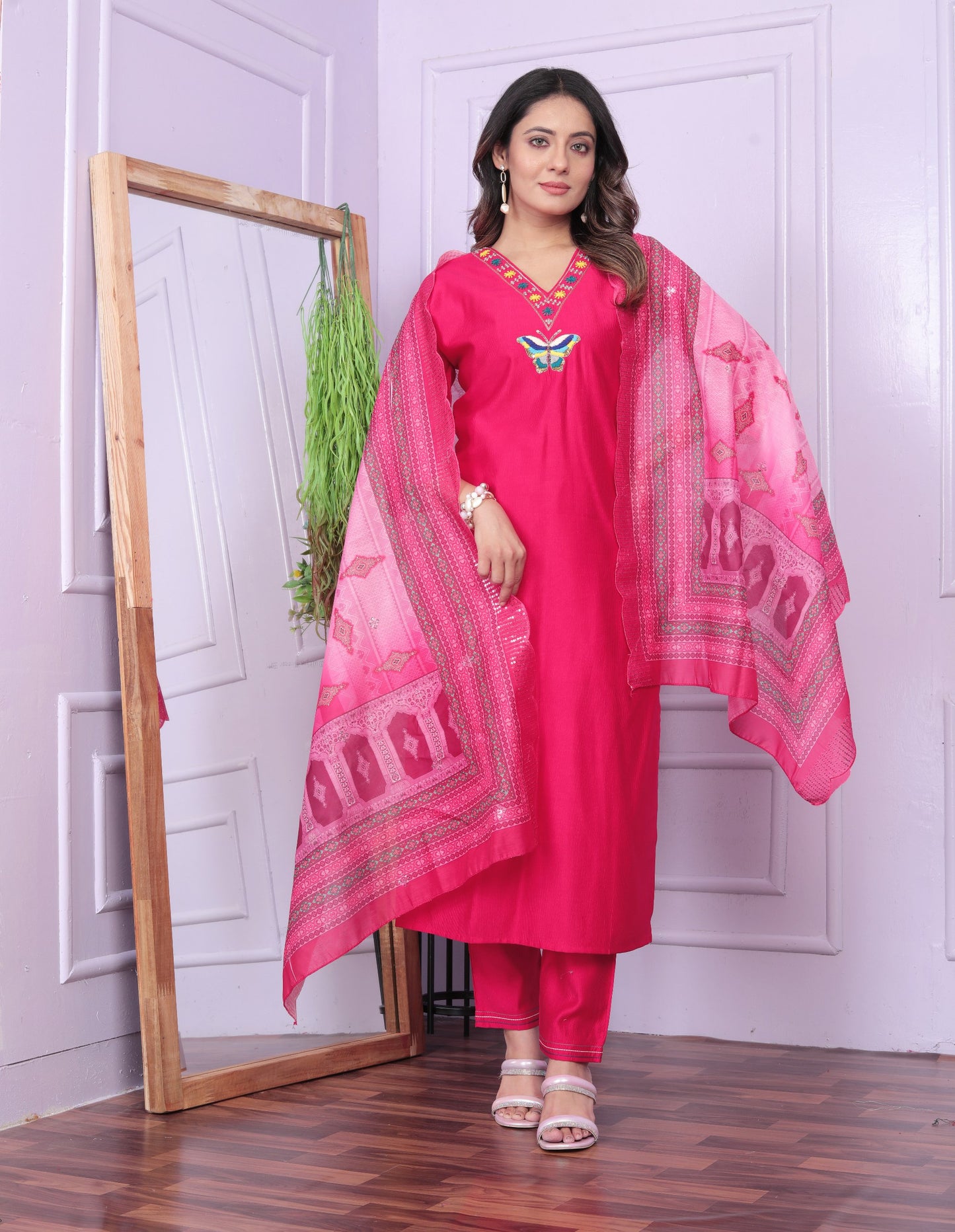 Glorious Pink Color V Neck Butterfly Kurta Set