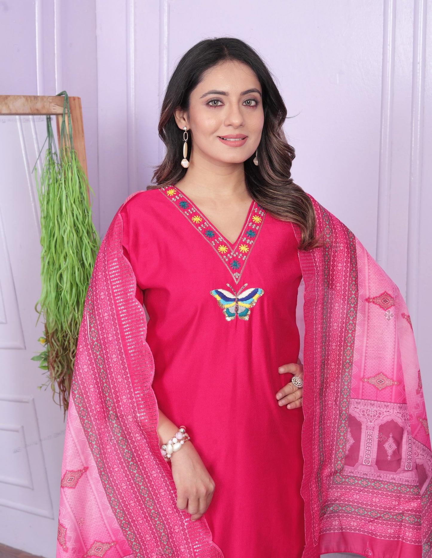 Glorious Pink Color V Neck Butterfly Kurta Set