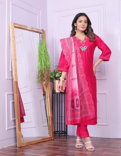 Glorious Pink Color V Neck Butterfly Kurta Set