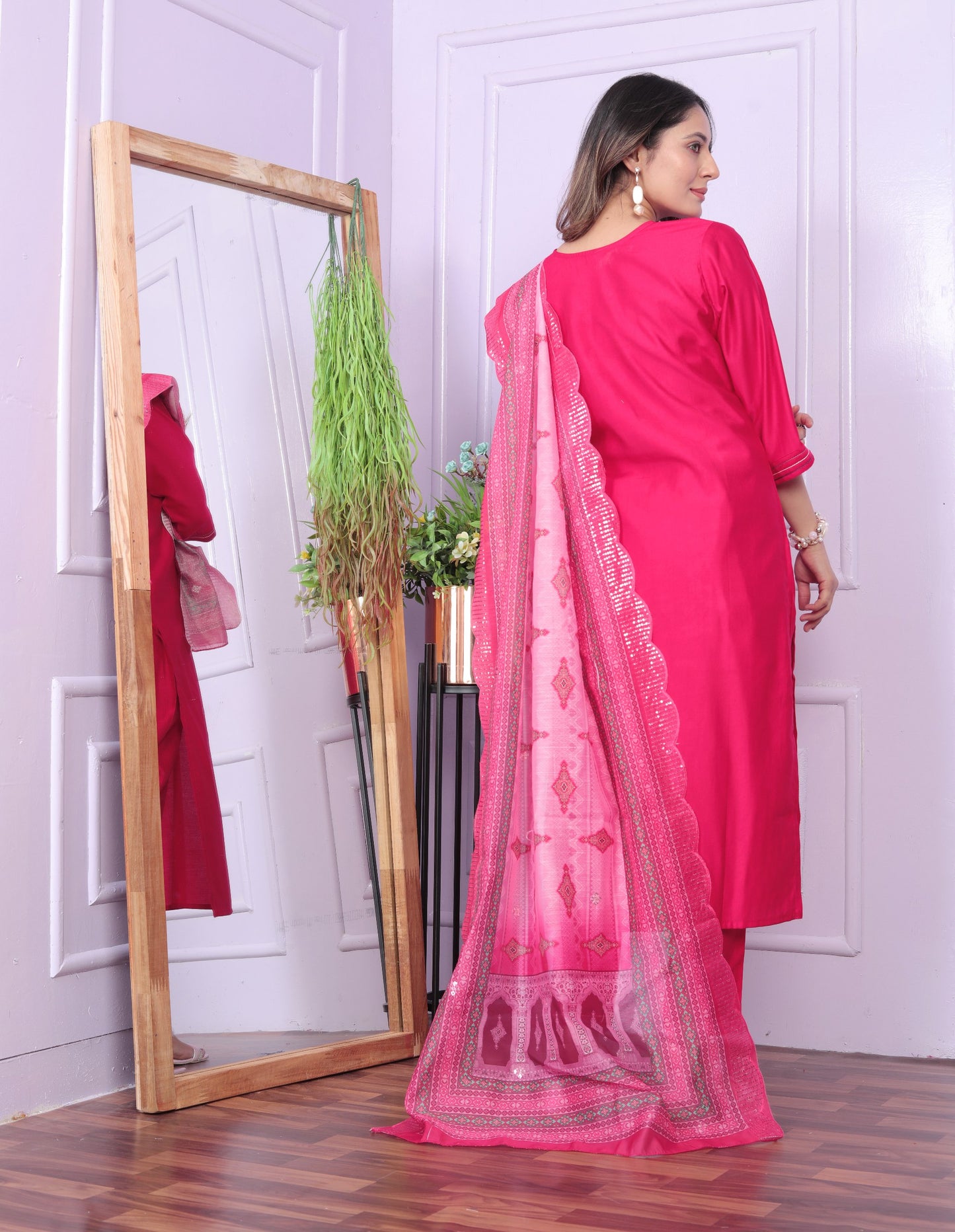 Glorious Pink Color V Neck Butterfly Kurta Set