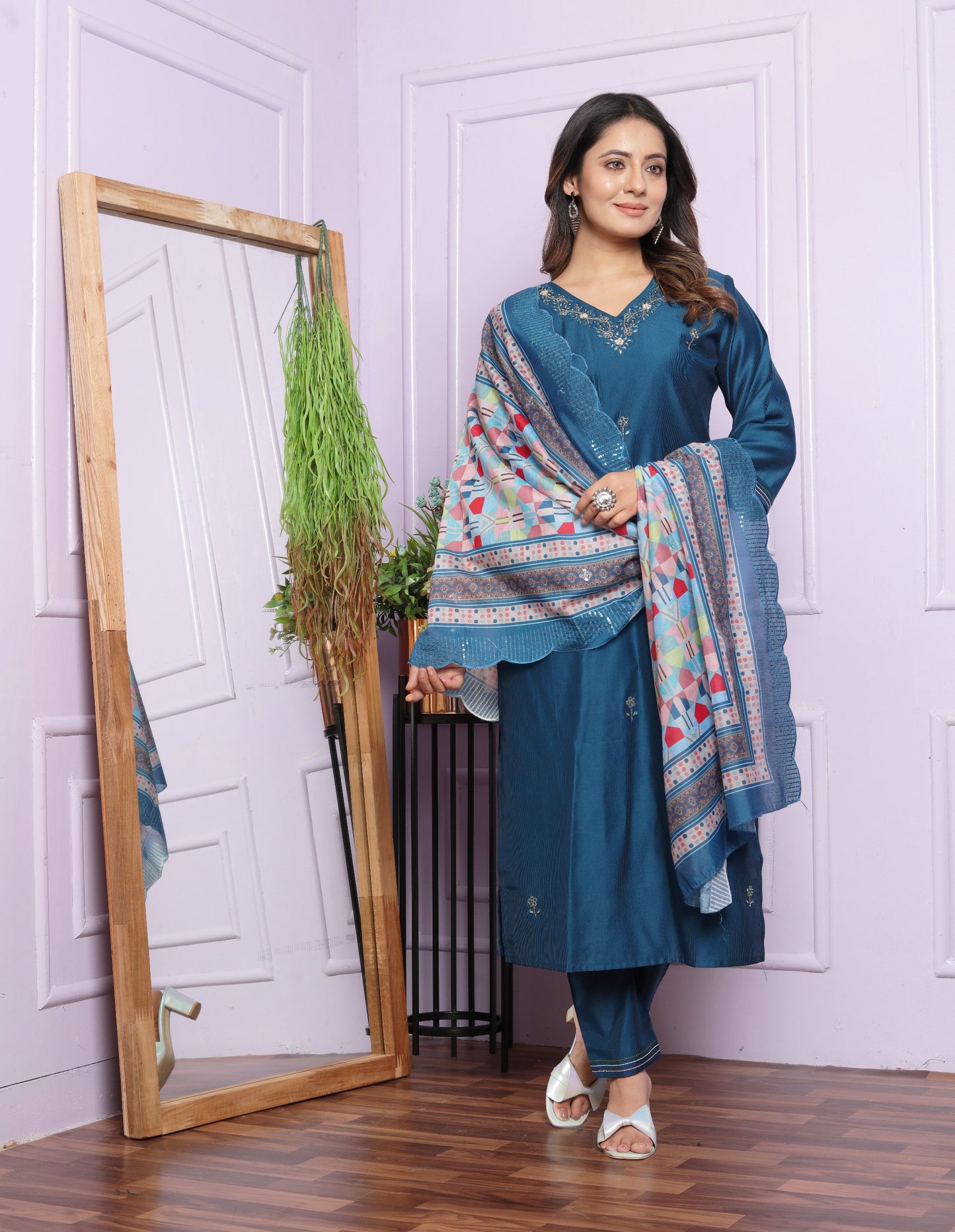 Blue Color Kurti Pair With Cut Work Printed Dupatta