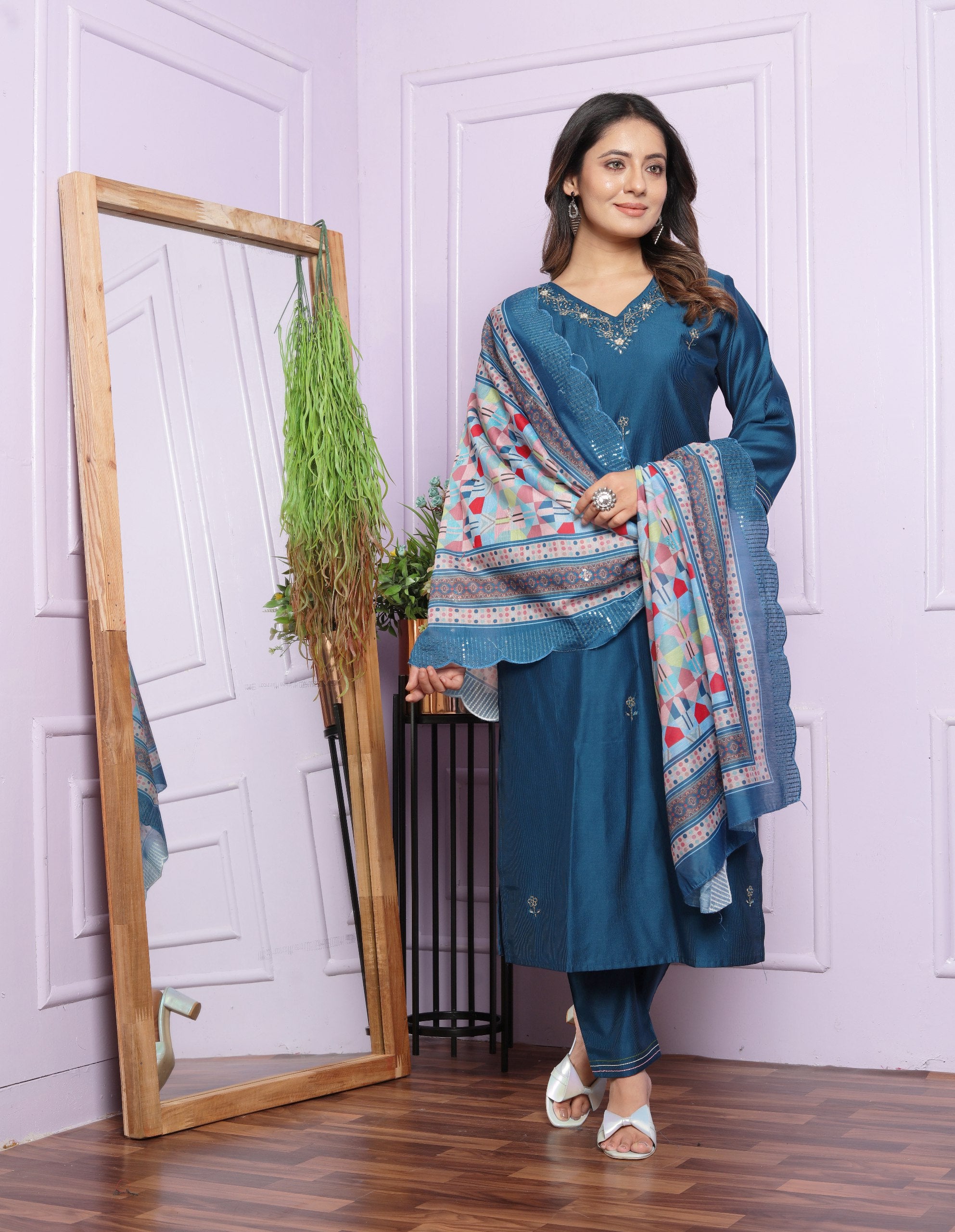 Blue Color Kurti Pair With Cut Work Printed Dupatta