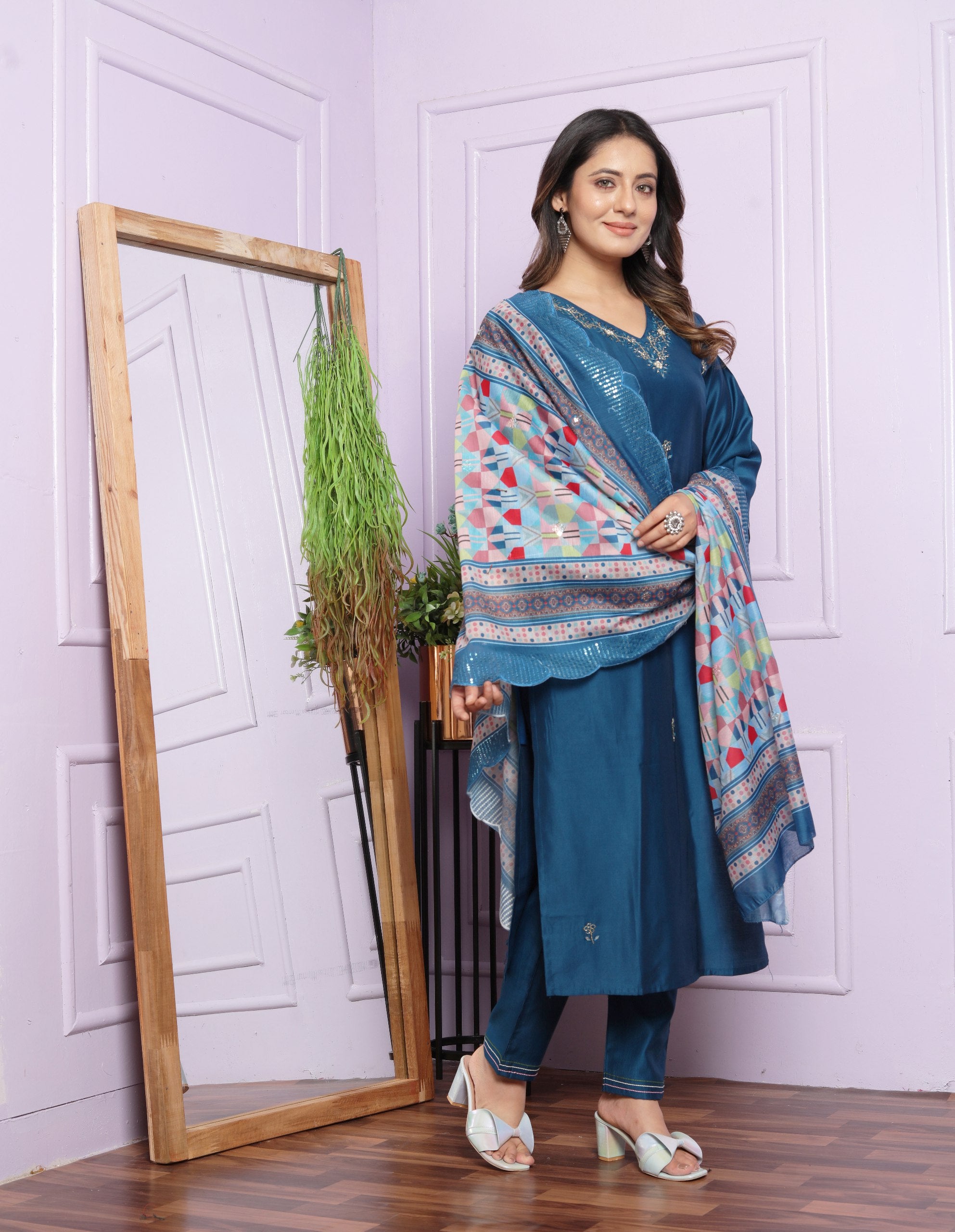 Blue Color Kurti Pair With Cut Work Printed Dupatta