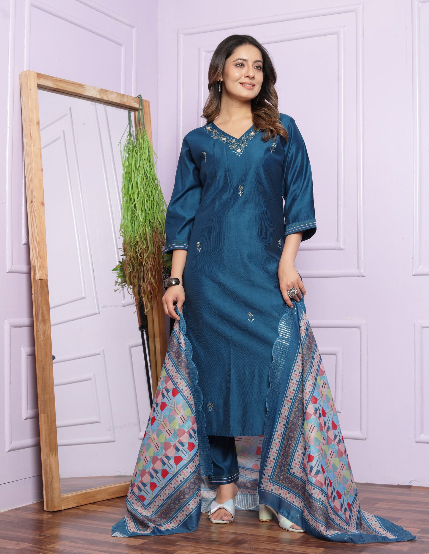 Blue Color Kurti Pair With Cut Work Printed Dupatta