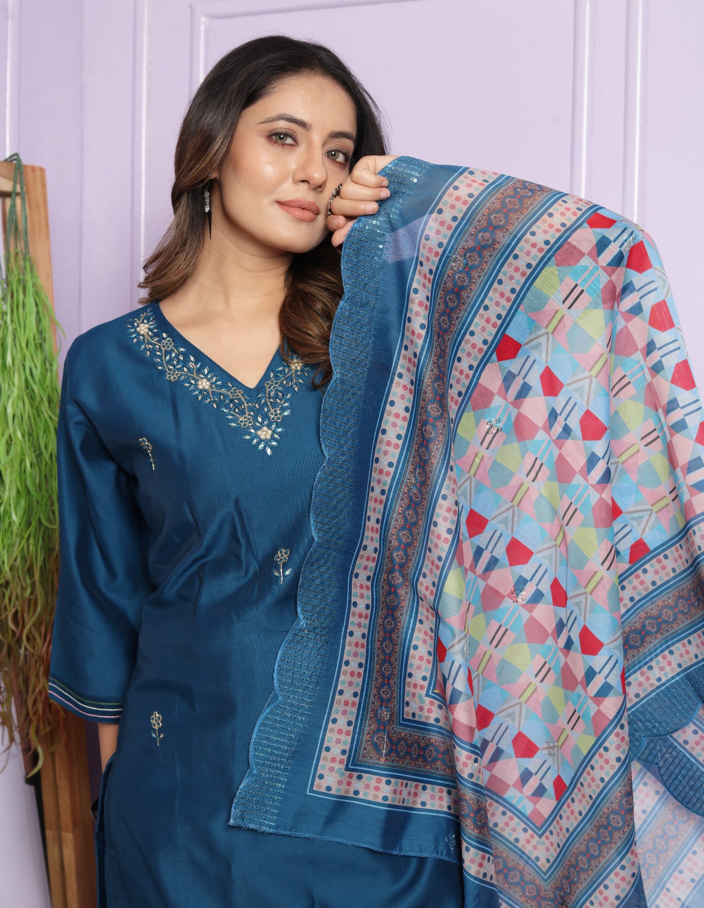 Blue Color Kurti Pair With Cut Work Printed Dupatta