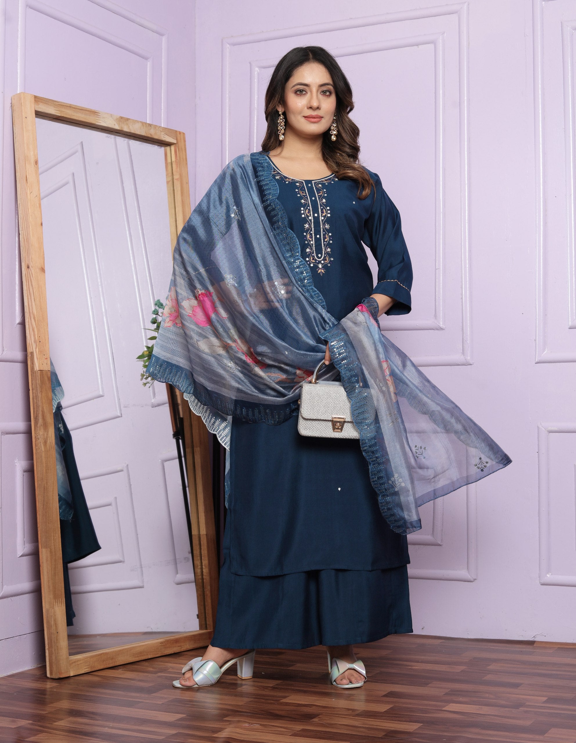 Round Neck Hand Work Navy Blue Palazzo Suit