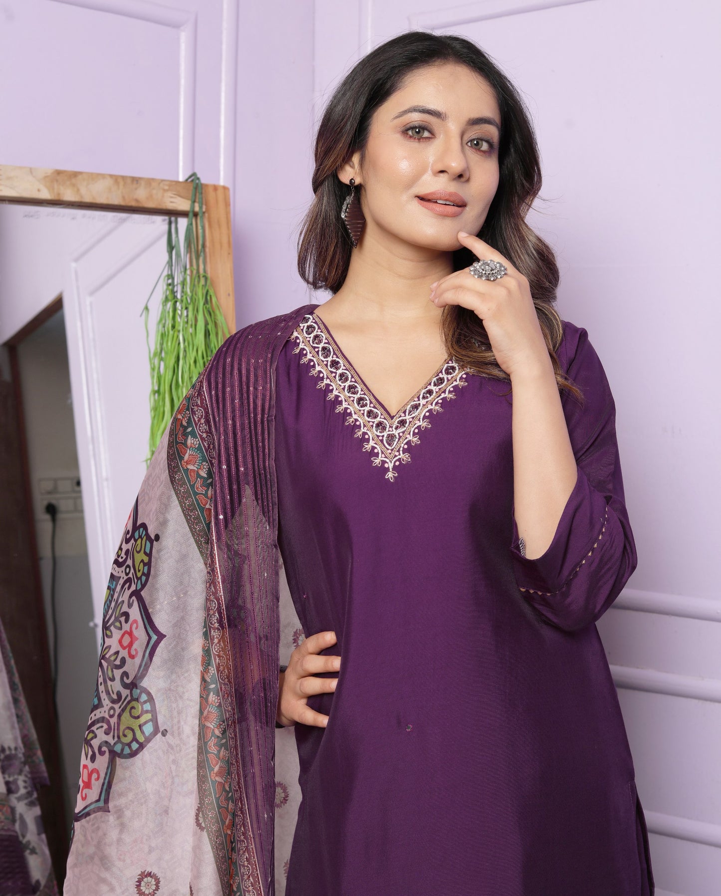 Trendy Wine Color V Neck Straight Kurti Palazzo Suit