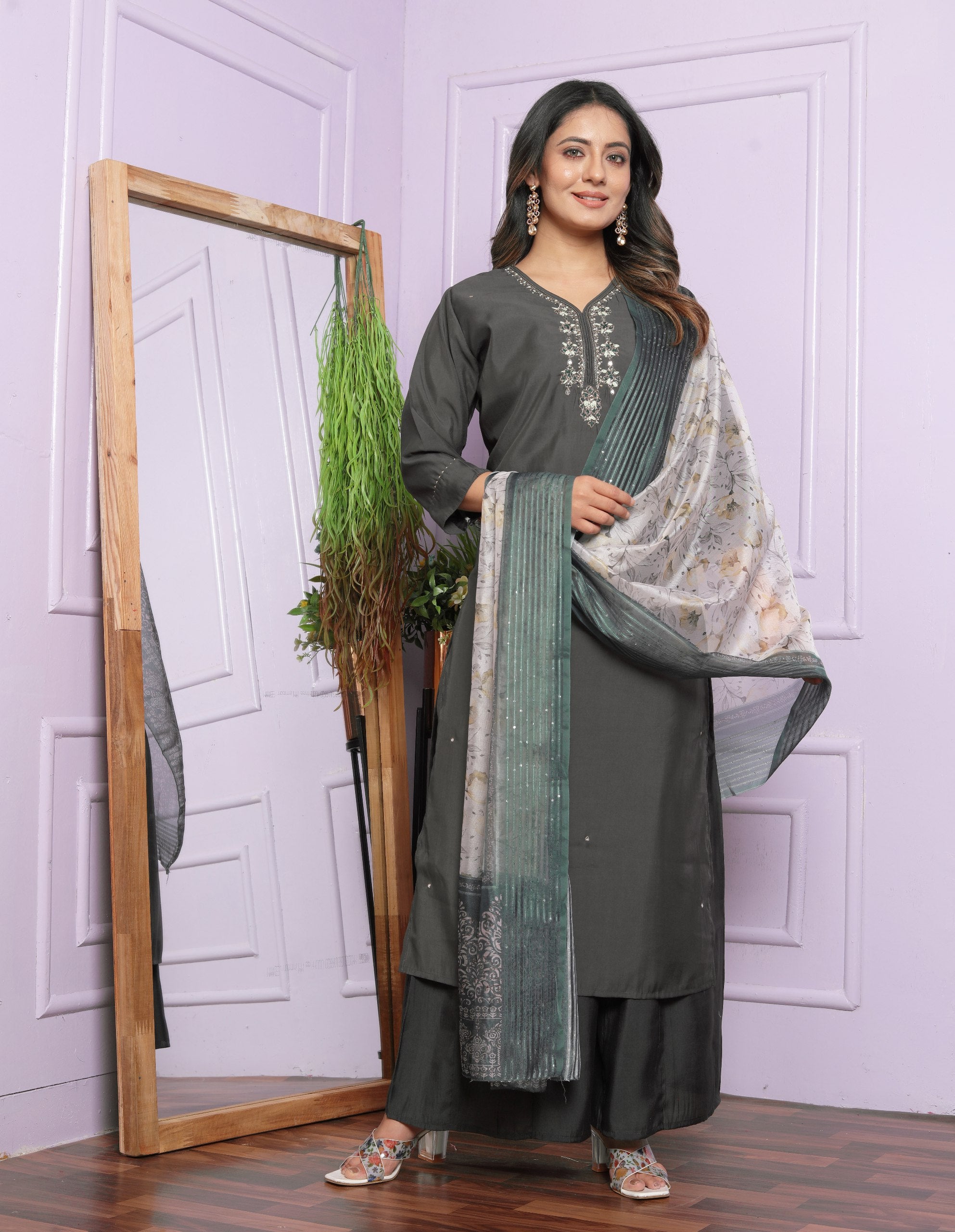 Fashionable Grey Color Hand Work Palazzo Suit