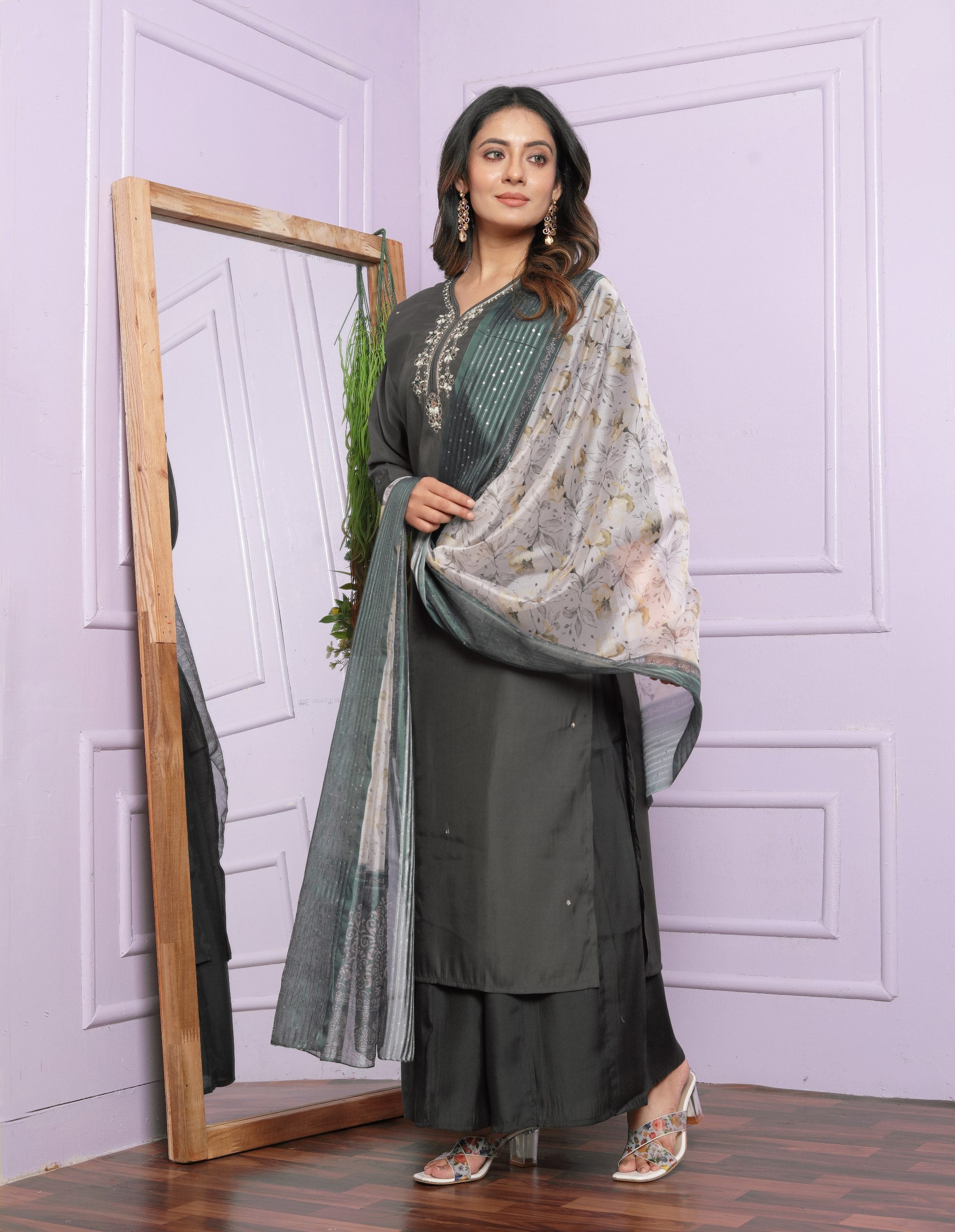 Fashionable Grey Color Hand Work Palazzo Suit