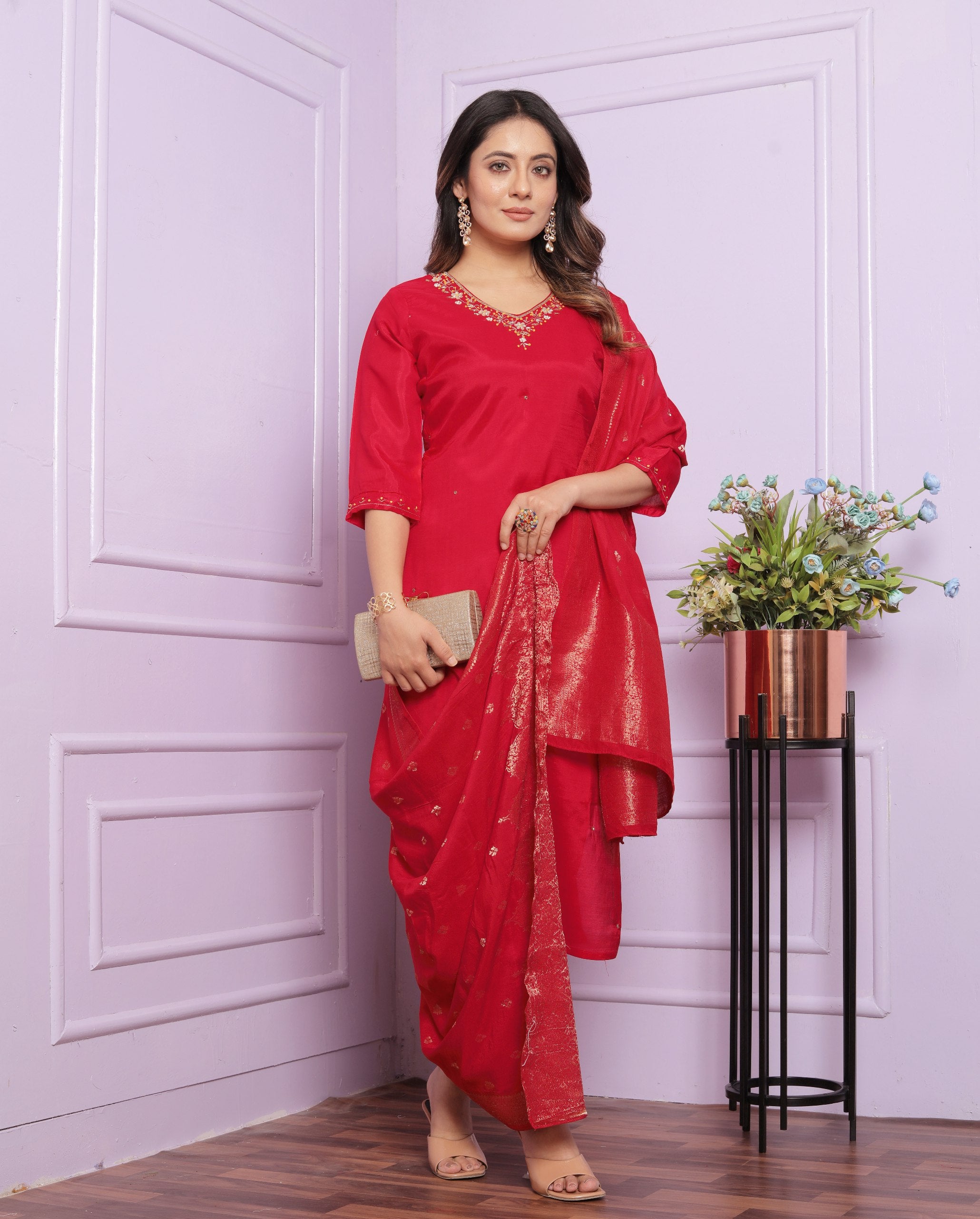 Festive Wear Red Color Muslin Salwar Suit