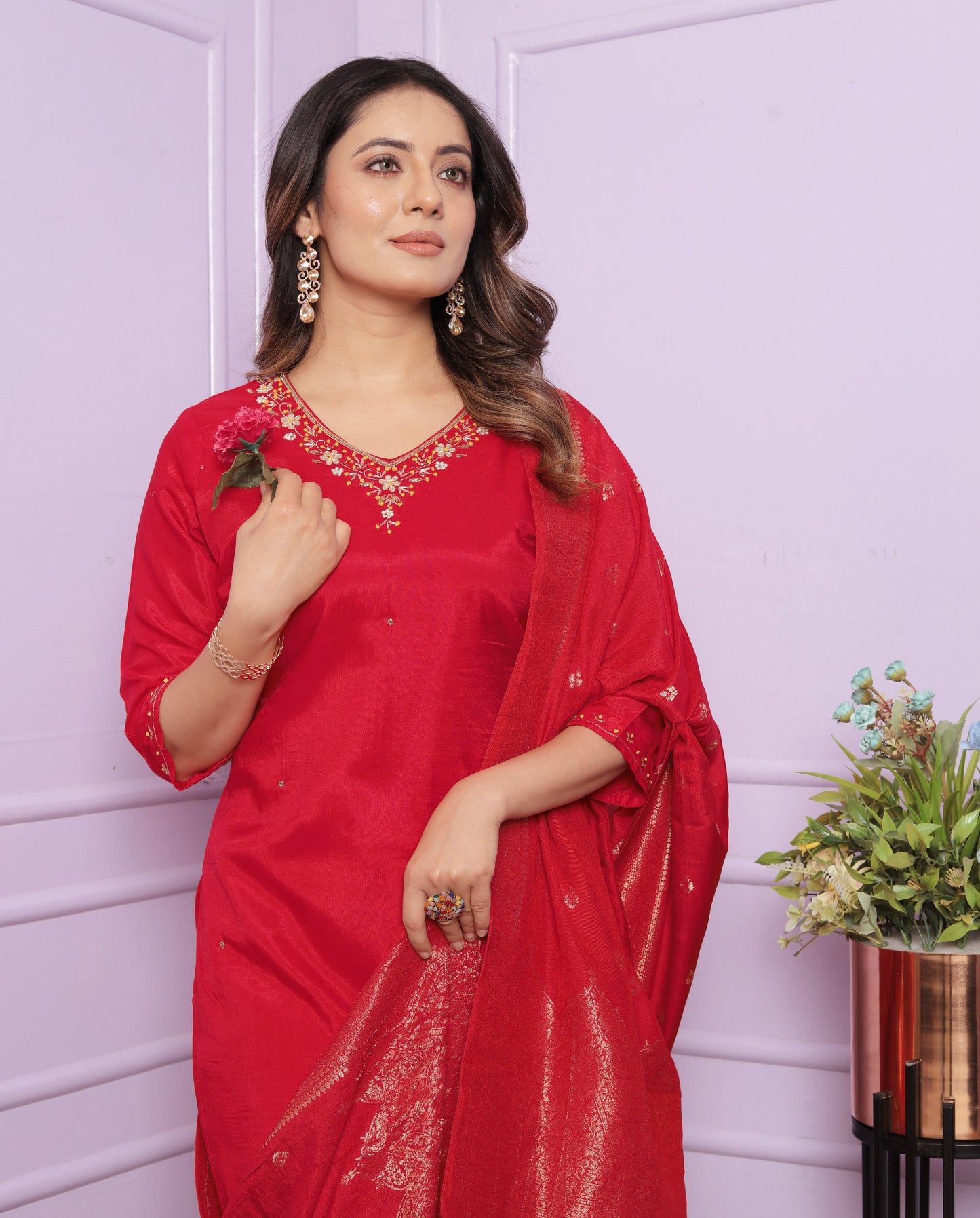 Festive Wear Red Color Muslin Salwar Suit