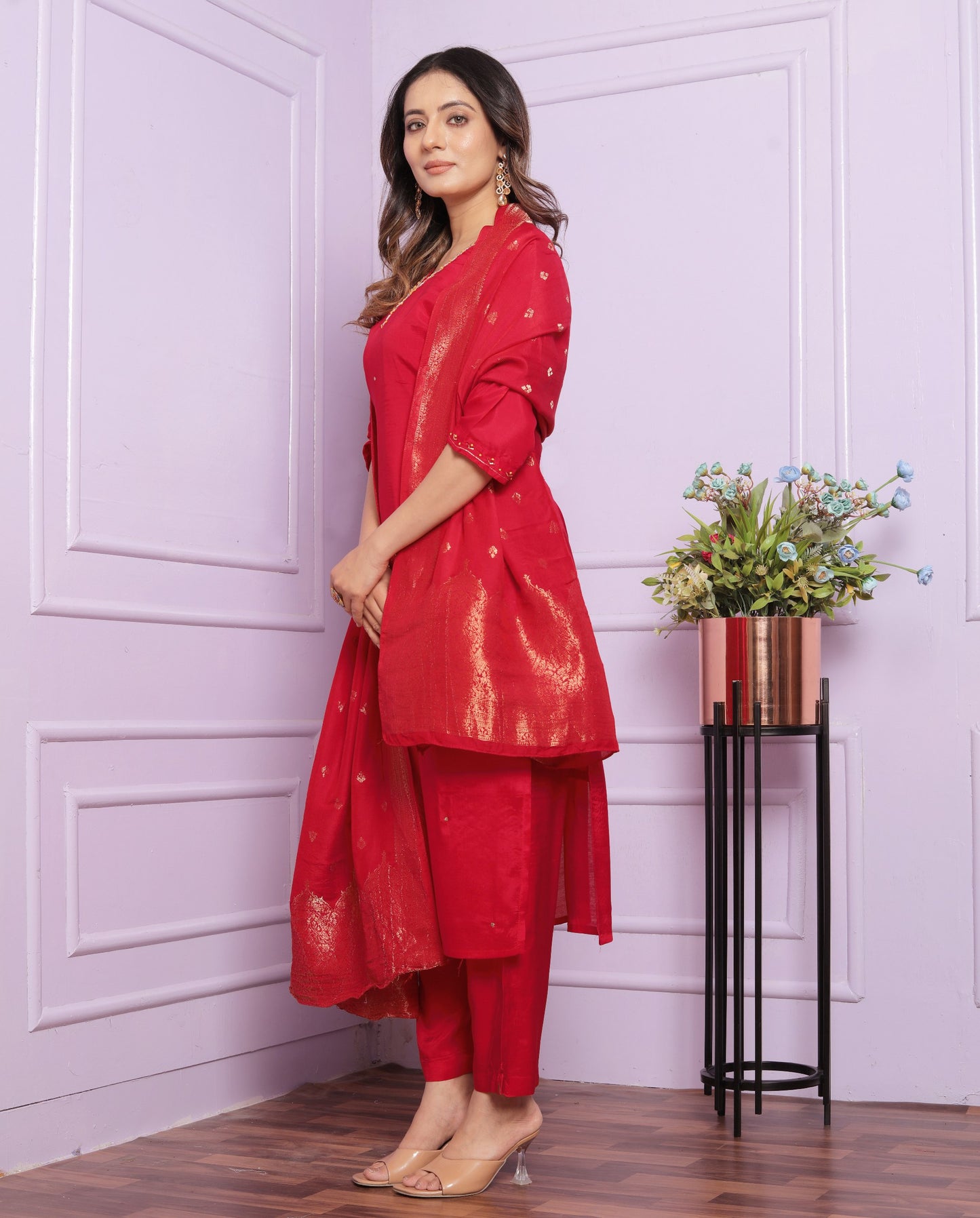 Festive Wear Red Color Muslin Salwar Suit