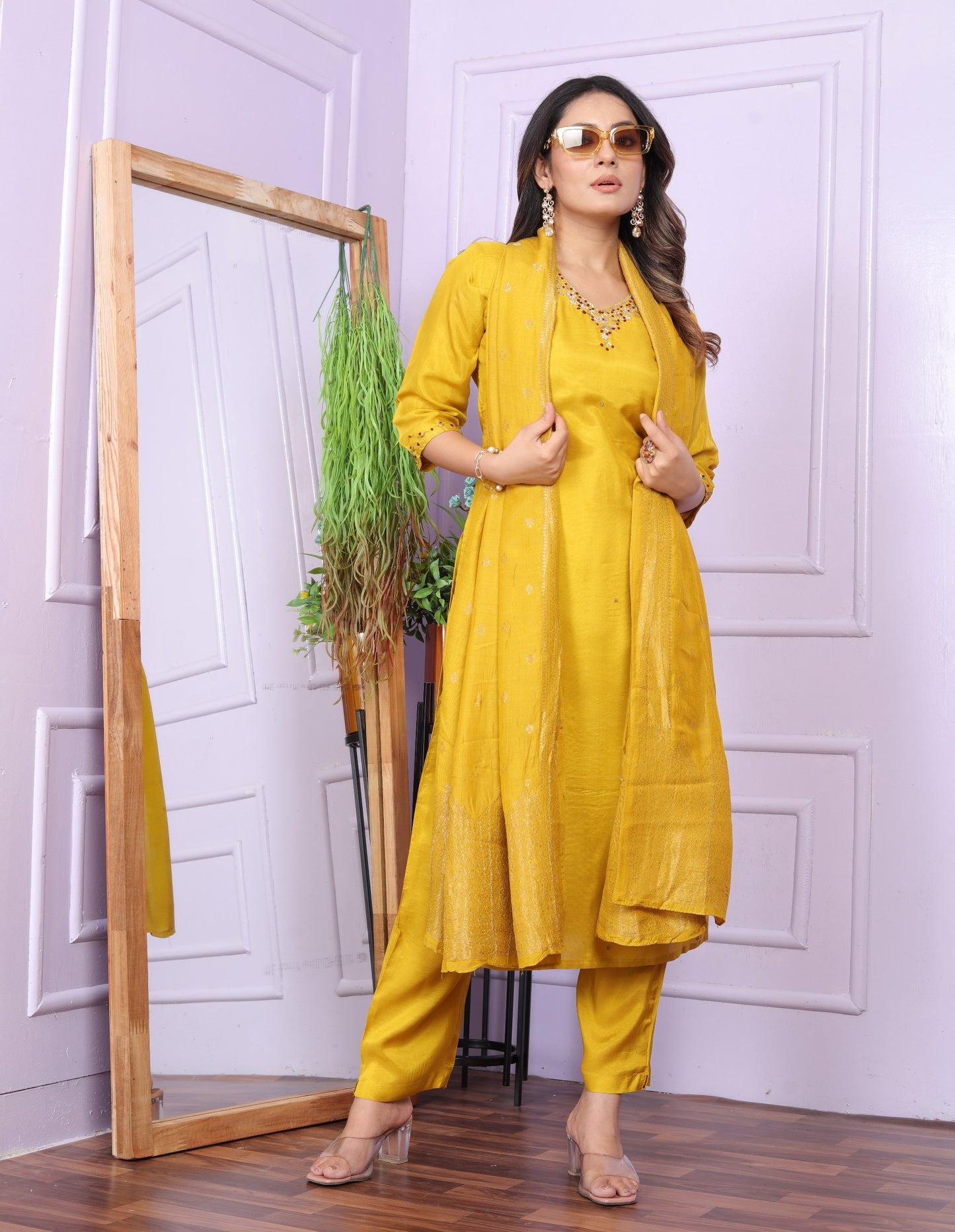 Festive Wear Yellow Color Muslin Salwar Suit