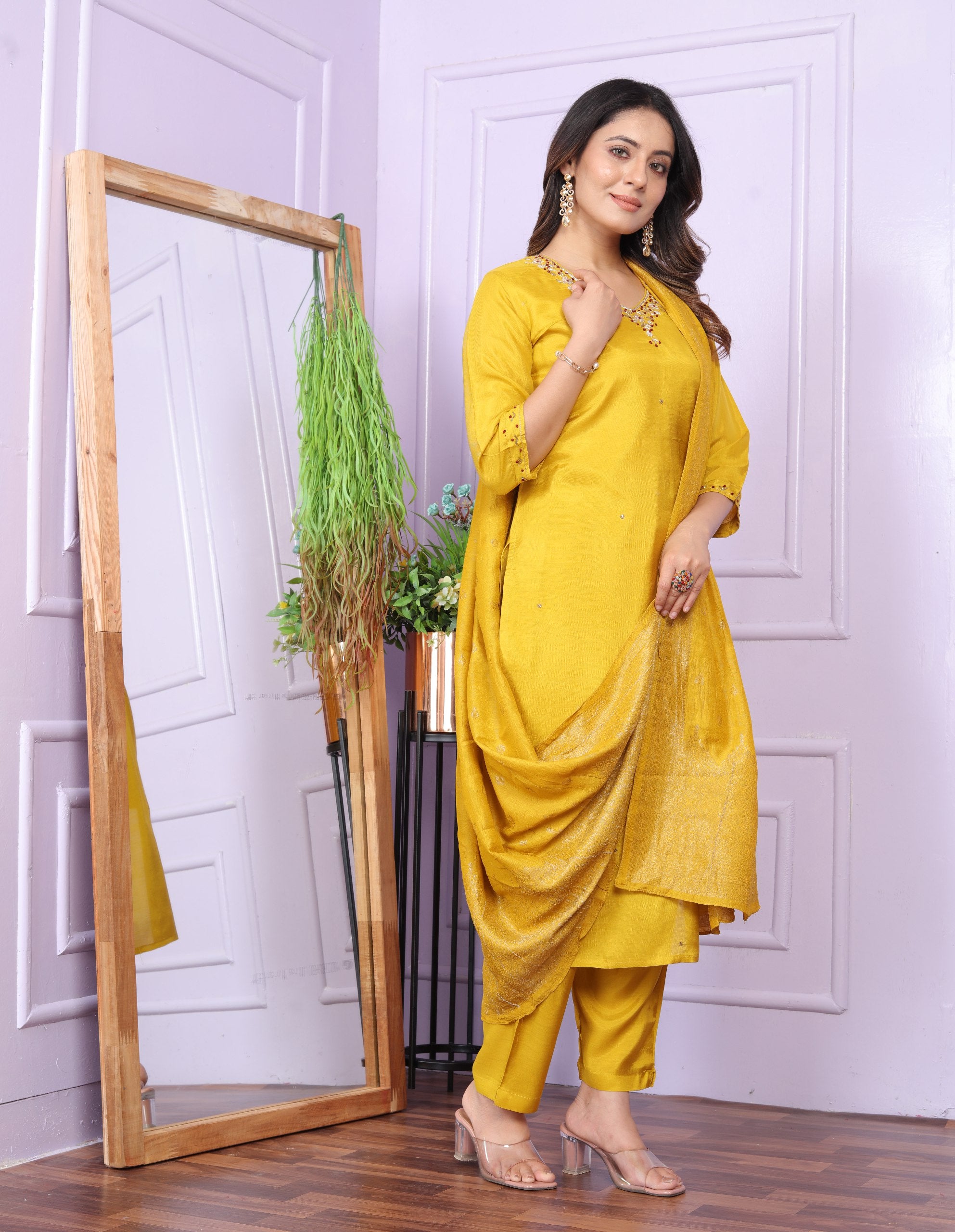 Festive Wear Yellow Color Muslin Salwar Suit