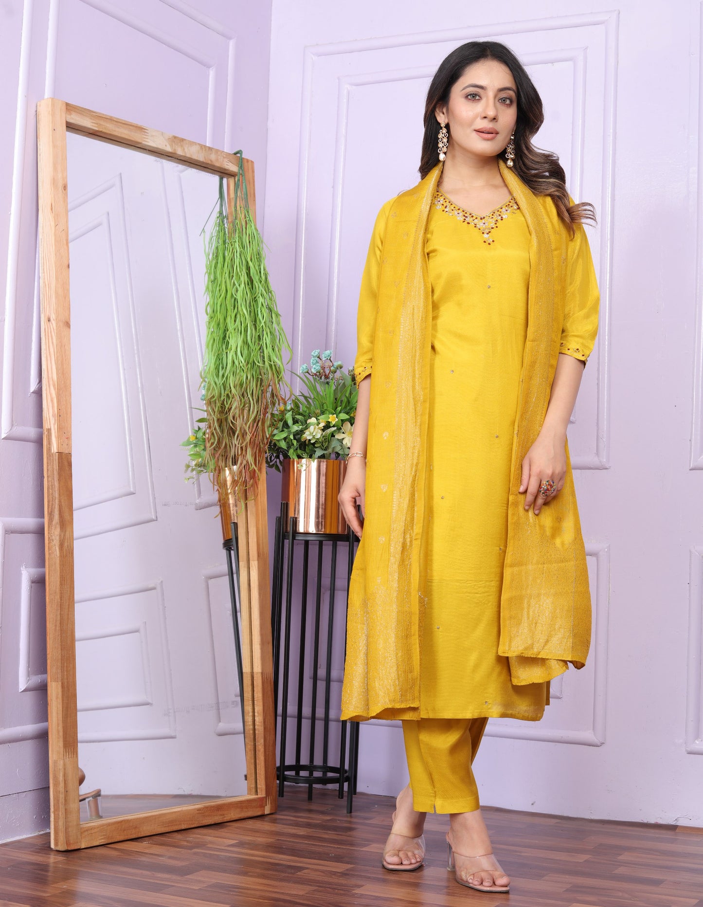 Festive Wear Yellow Color Muslin Salwar Suit