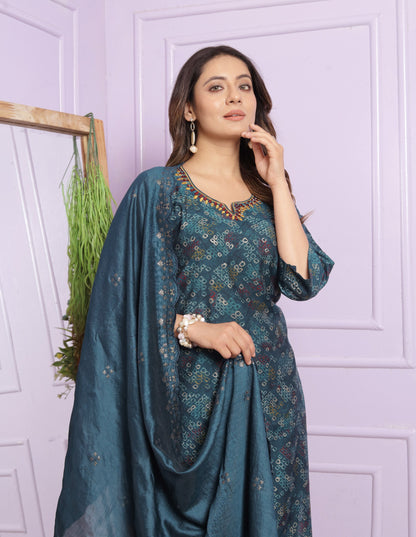 Bandhani Design Teal Blue Color Salwar Suit