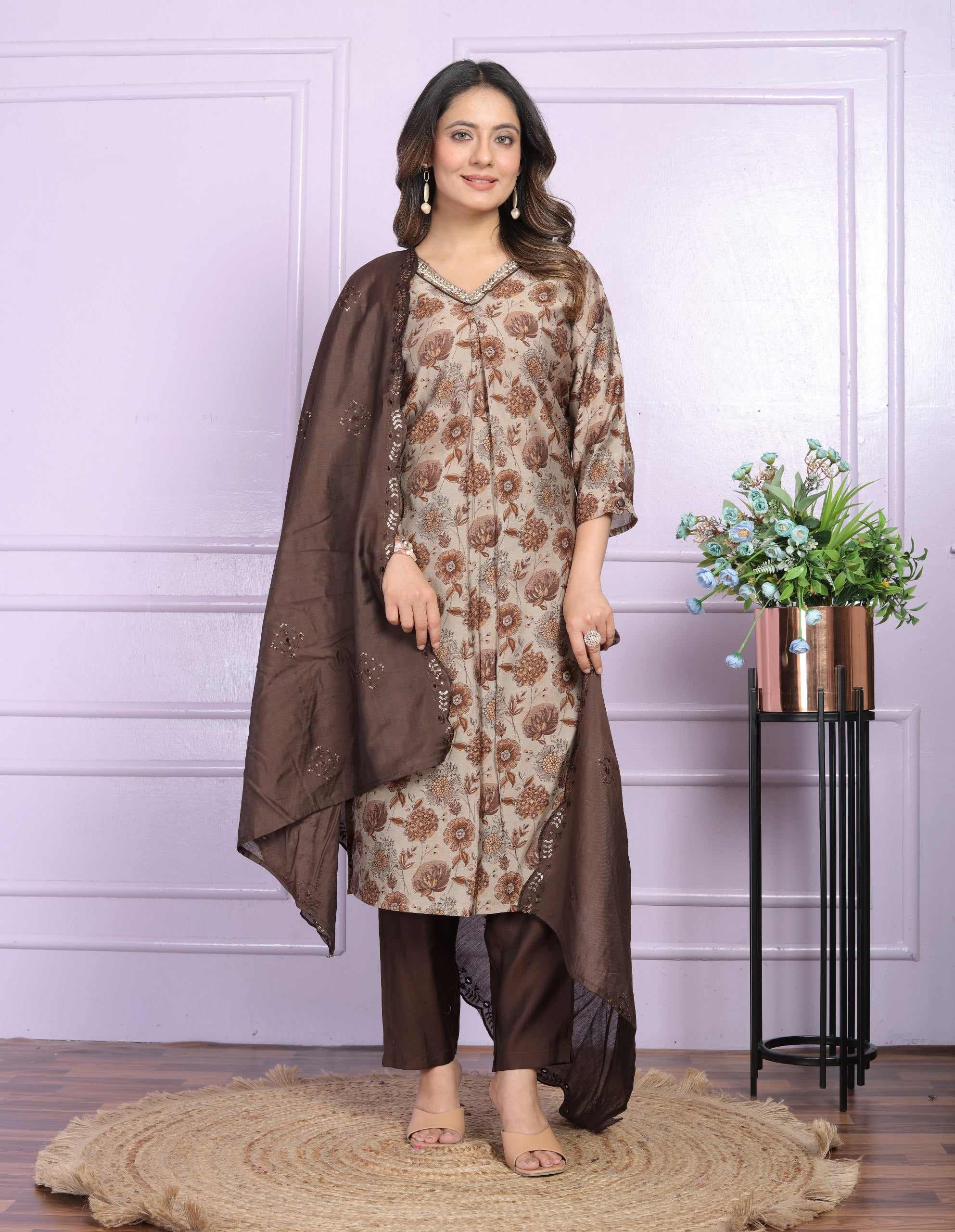 Gorgeous V Neck Brown Color Salwar Suit