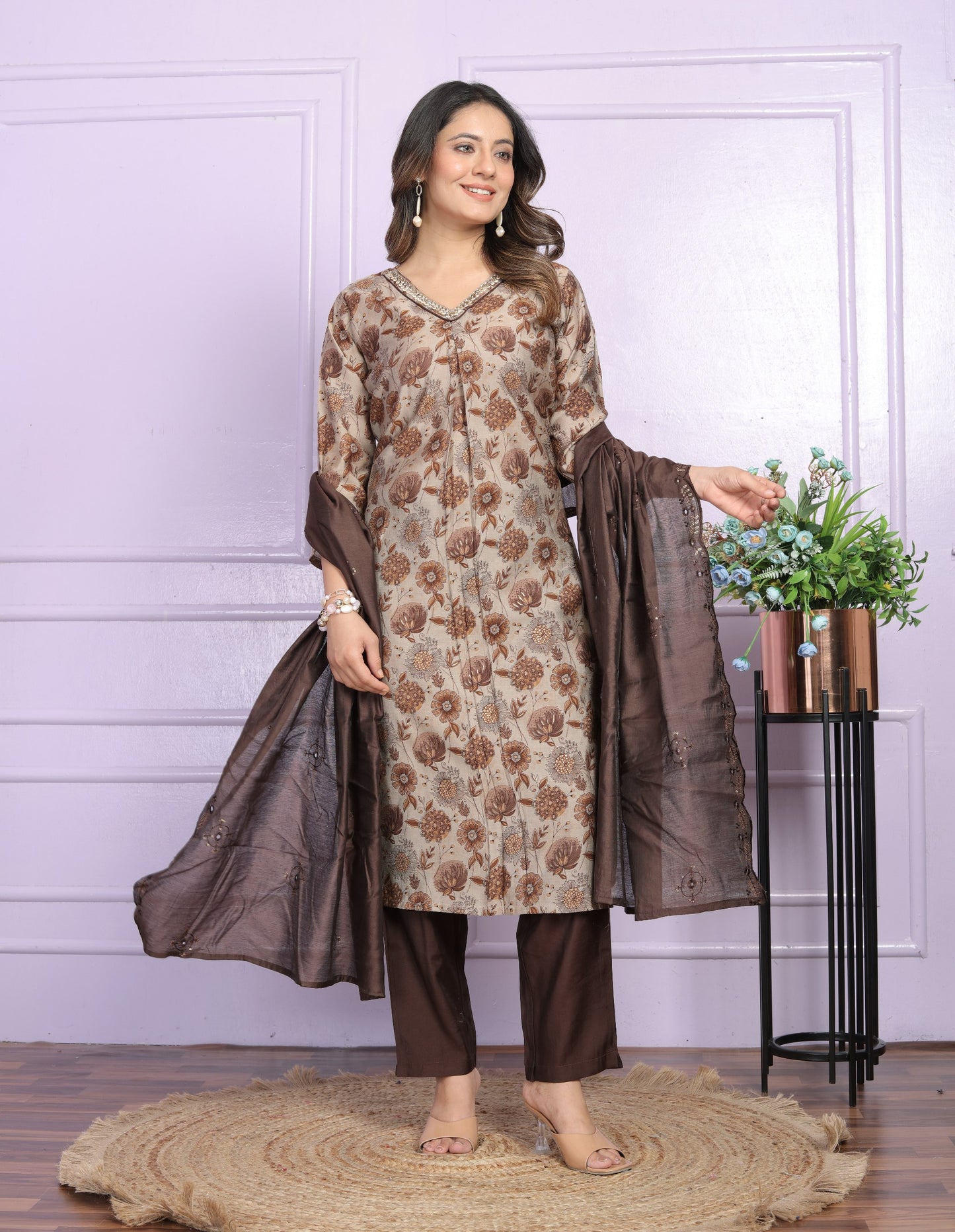 Gorgeous V Neck Brown Color Salwar Suit