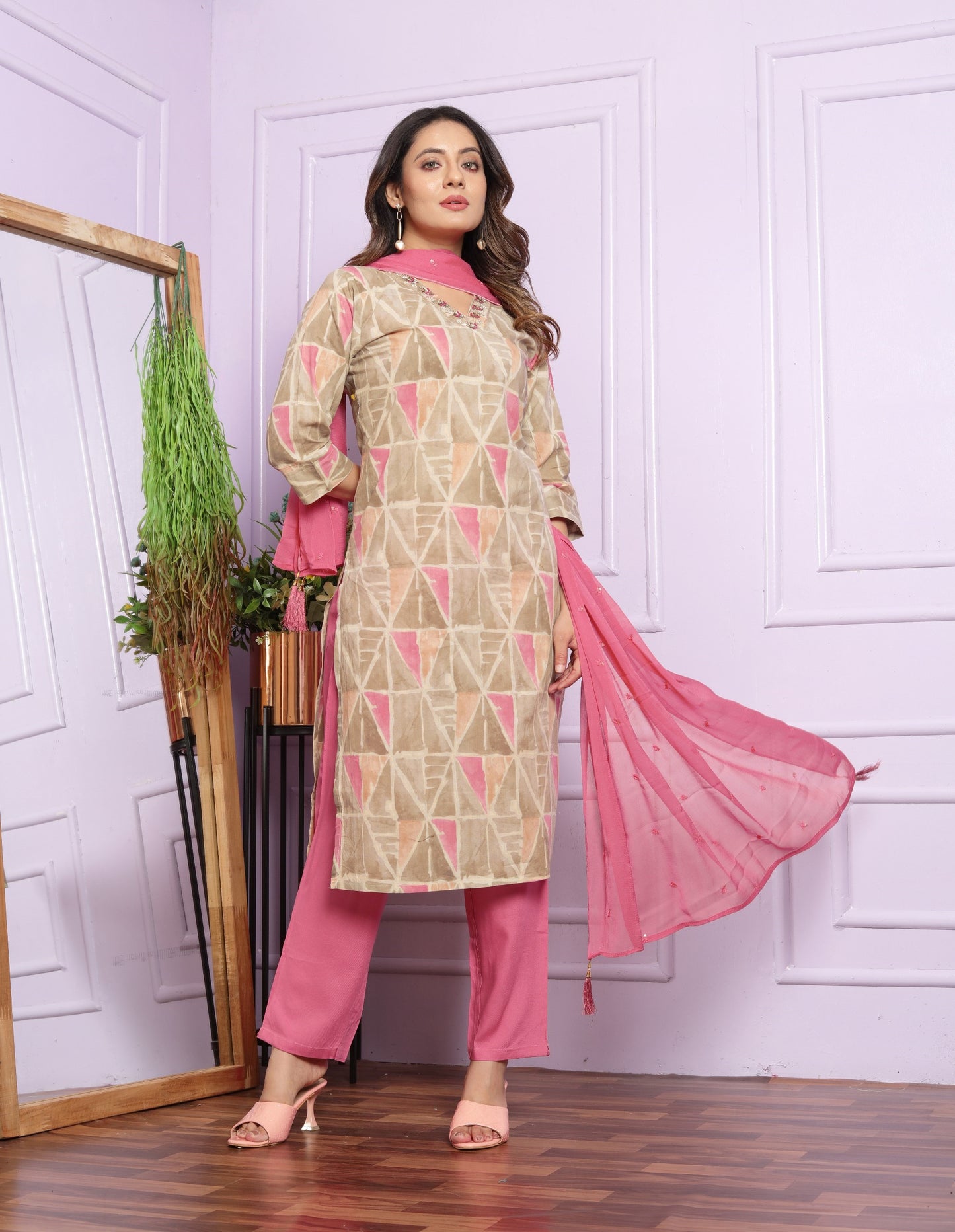 Hand Work Pink Color Kurta Set With Dupatta