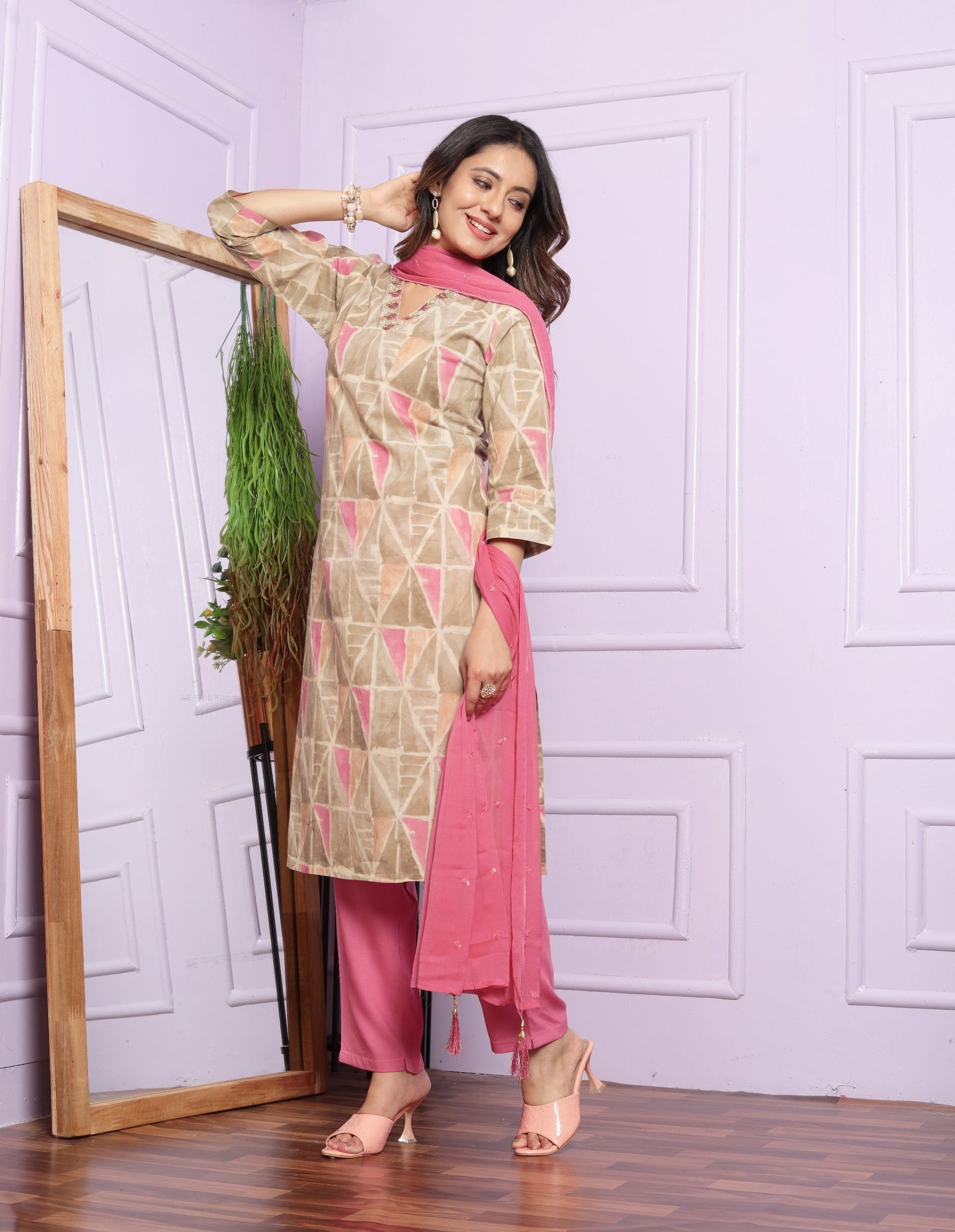 Hand Work Pink Color Kurta Set With Dupatta