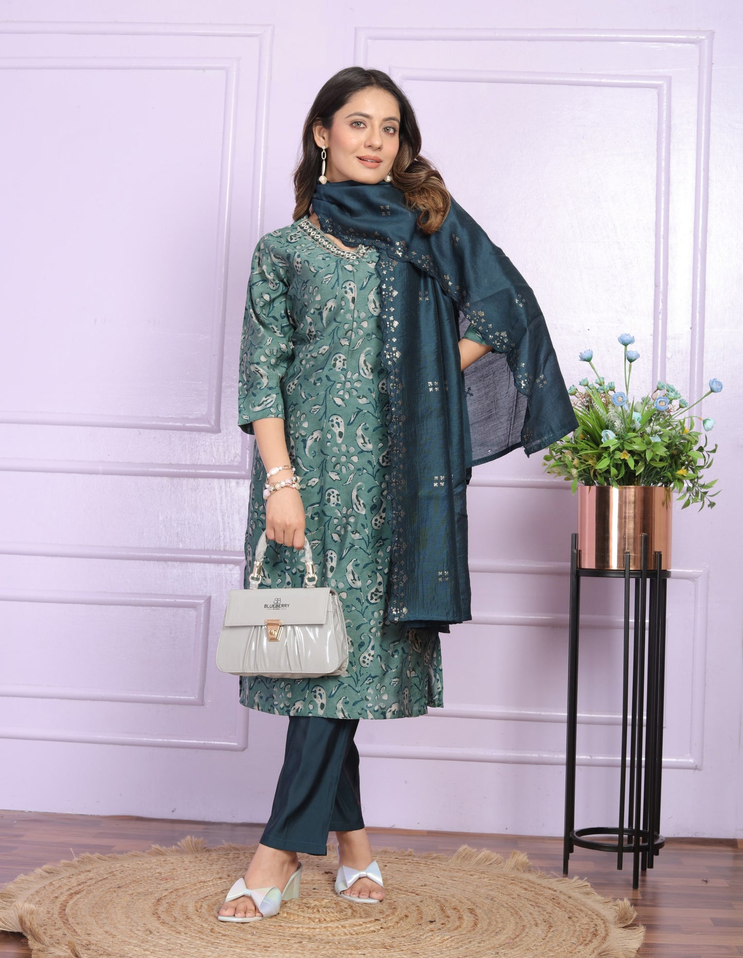 Teal Green Color V Neck Straight Kurti With Pant